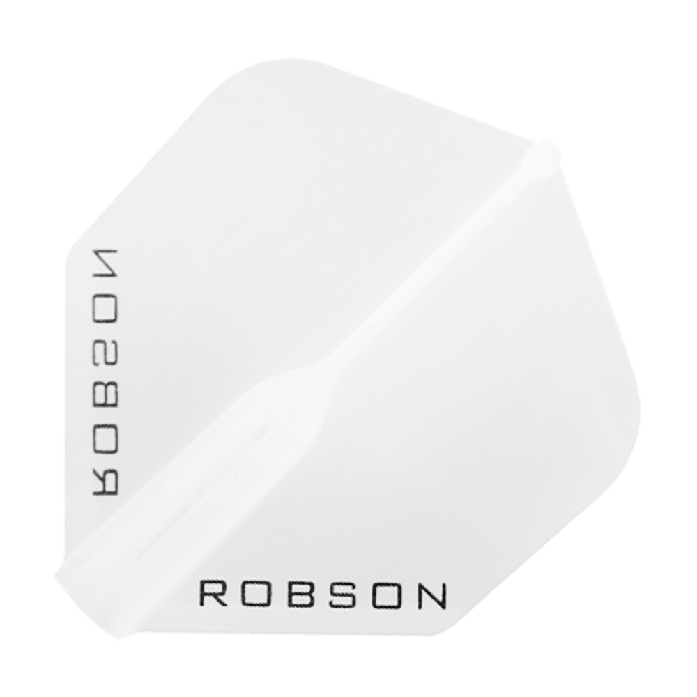 Voli Robson Plus - Standard Das Bild zeigt einen klaren, sechseckigen Dartflight mit dem Schriftzug "ROBSON" in schwarzer Farbe. Das Design ist schlicht und durchsichtig gehalten.
