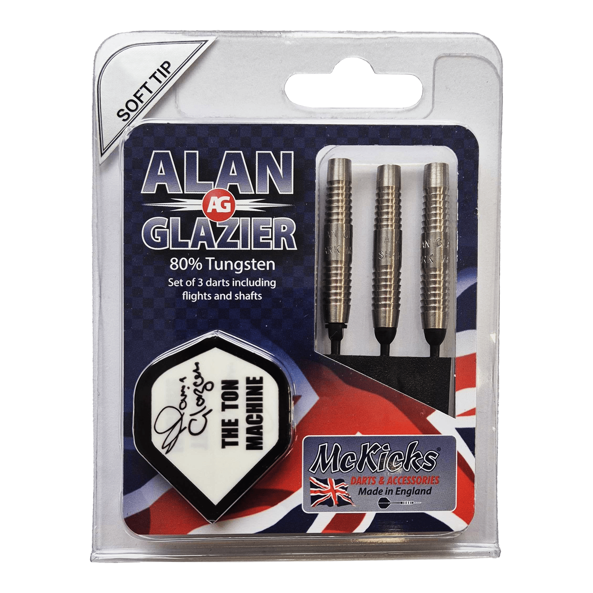 Freccette morbide McKicks Alam Glazier Shark Machine Das Bild zeigt eine Verpackung mit drei Softdarts der Marke "McKicks Alan Glazier Shark Machine". Die Darts bestehen zu 80% aus Tungsten und werden inklusive Flights und Shafts geliefert.