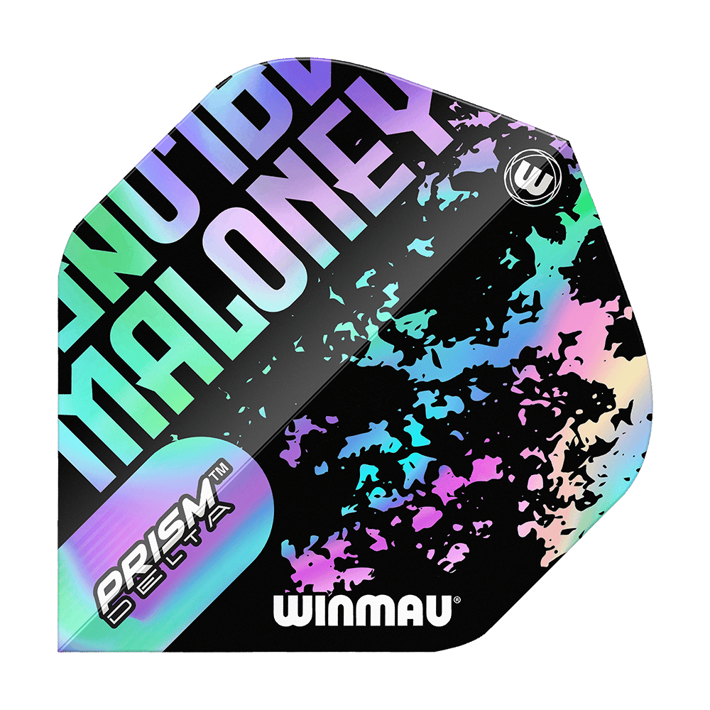 Voli standard Winmau Prism Delta Mike Maloney Das Bild zeigt ein Winmau Prism Delta Mike Maloney Standard Flight für Darts. Das Flight hat ein auffälliges, buntes Design mit dem Namen "Maloney" und dem Winmau-Logo.
