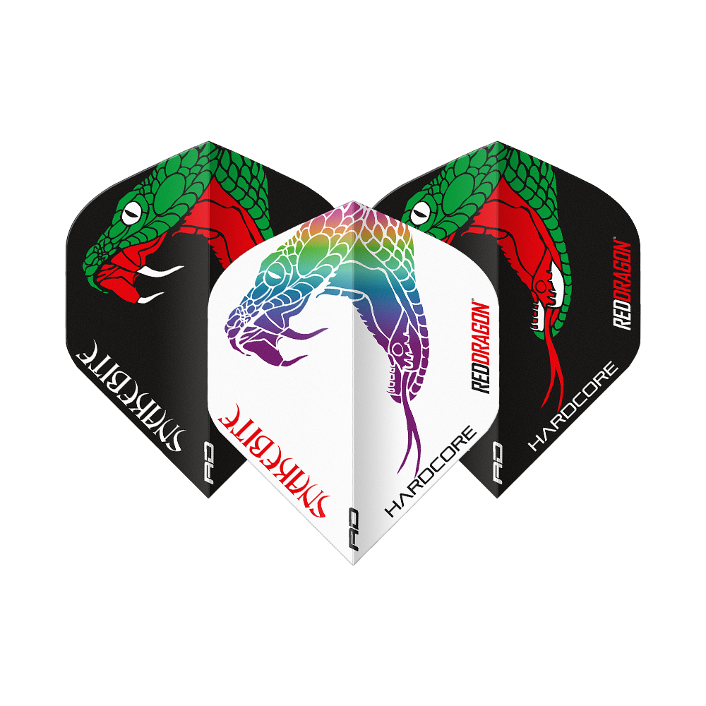Voli standard Red Dragon Peter Wright Snakebite Black White Yin Yang Das Bild zeigt drei Dart-Flights der Marke "Red Dragon Peter Wright Snakebite Black White Yin Yang Standard Flights". Die Flights sind in Schwarz und Weiß gestaltet und mit farbigen Schlangenmotiven verziert.