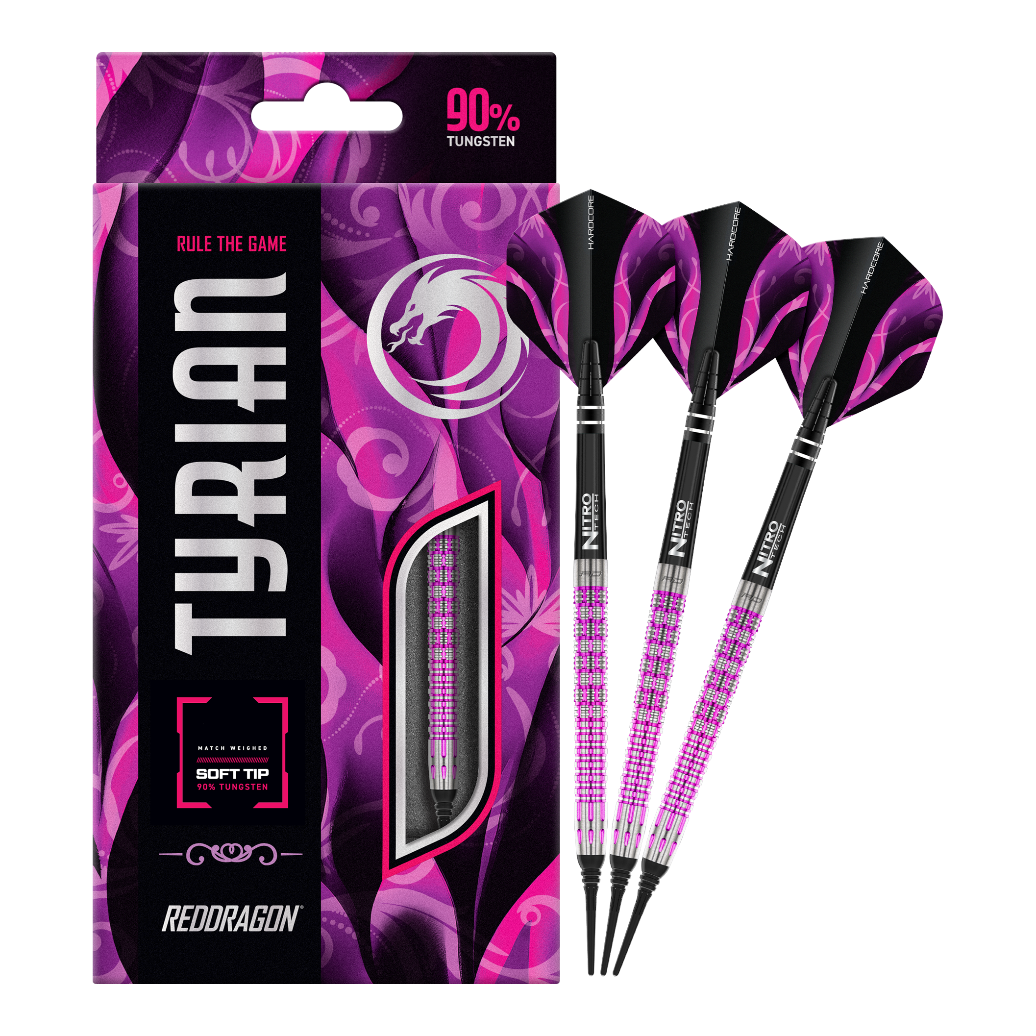 Freccette morbide Red Dragon Tyrian - 22 g Das Bild zeigt die Red Dragon Tyrian Softdarts - 22g mit einem auffälligen pink-schwarzen Design. Die Darts bestehen zu 90% aus Tungsten und werden in einer passenden Verpackung präsentiert.