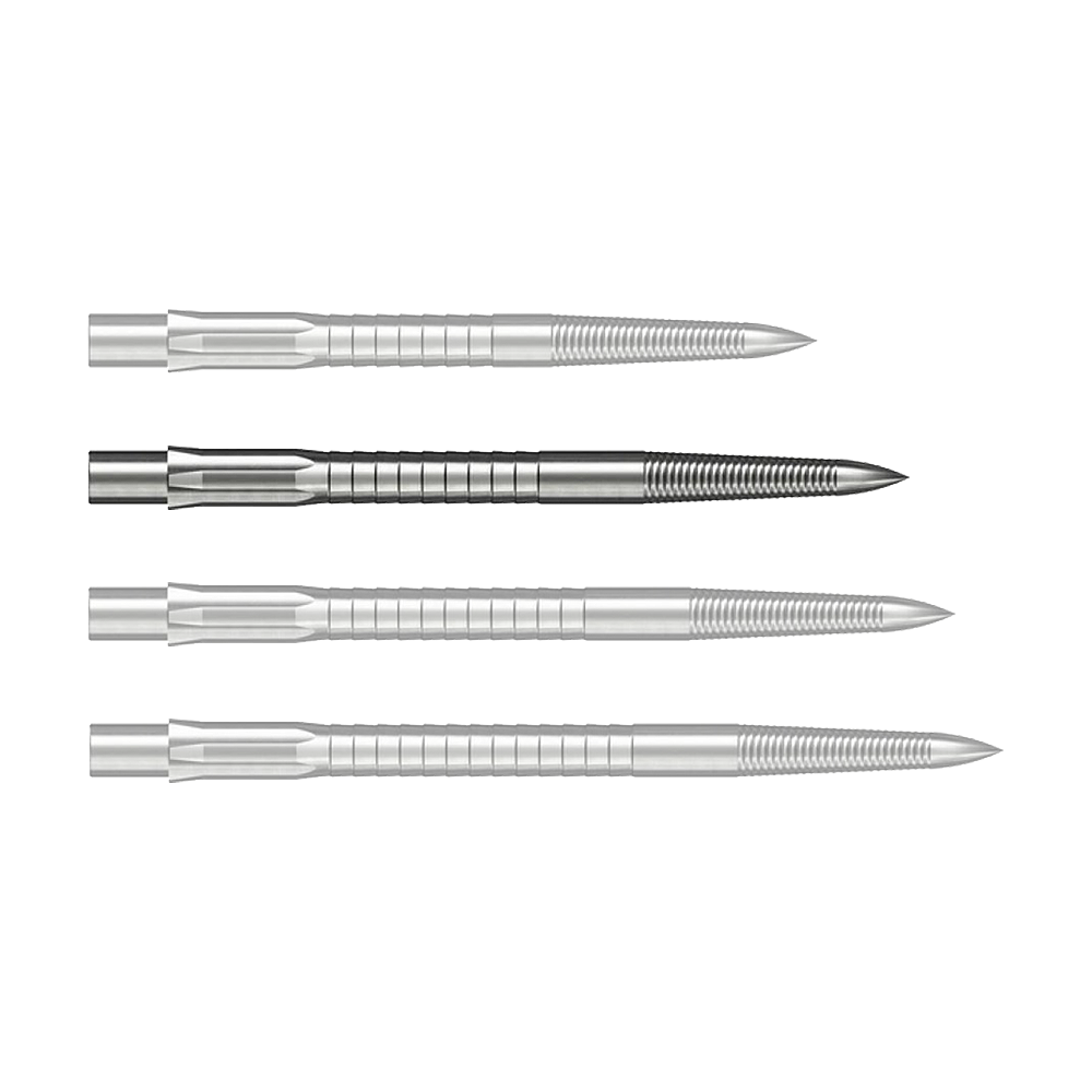 Punte per freccette in acciaio Caliburn System - Micro Grip - Argento Man sieht eine einzelne Caliburn Evo System Steeldartspitze Micro Grip in Silber mit einer Länge von 32 mm. Die Dartspitze ist scharf vor einem weißen Hintergrund zu erkennen.