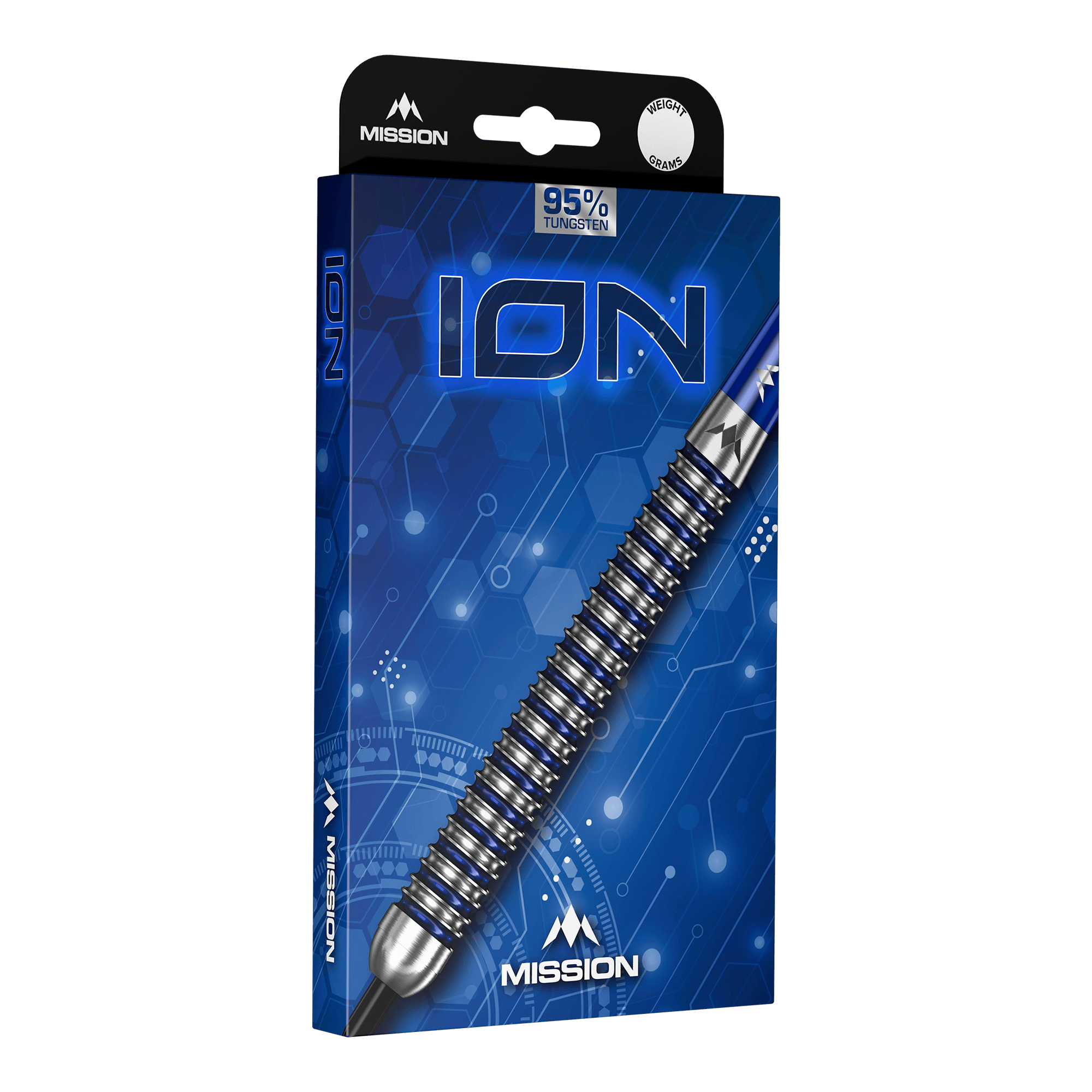 Freccette in acciaio Mission ION Blue Silver Mission ION Blue Silver Steeldarts sind auf diesem Bild zu sehen. Das Produkt zeichnet sich durch seine blaue und silberne Farbgebung aus.