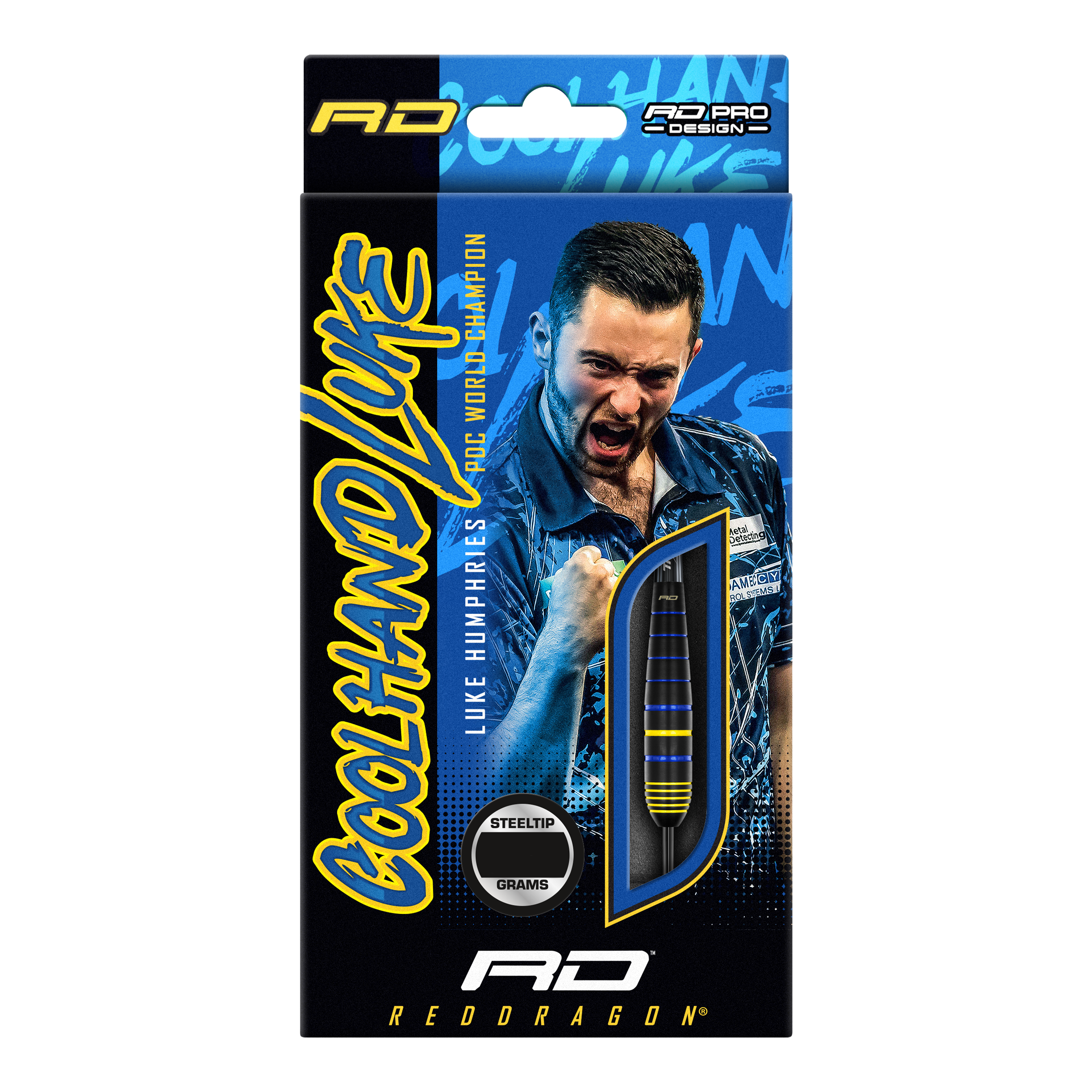 Red Dragon Luke Humphries, campione del mondo di freccette in ottone e acciaio Auf der Verpackung sind die "Red Dragon Luke Humphries World Champion Brass Steeldarts" abgebildet. Im Hintergrund ist ein jubelnder Spieler zu sehen, daneben ist ein Dartpfeil durch ein Sichtfenster sichtbar.