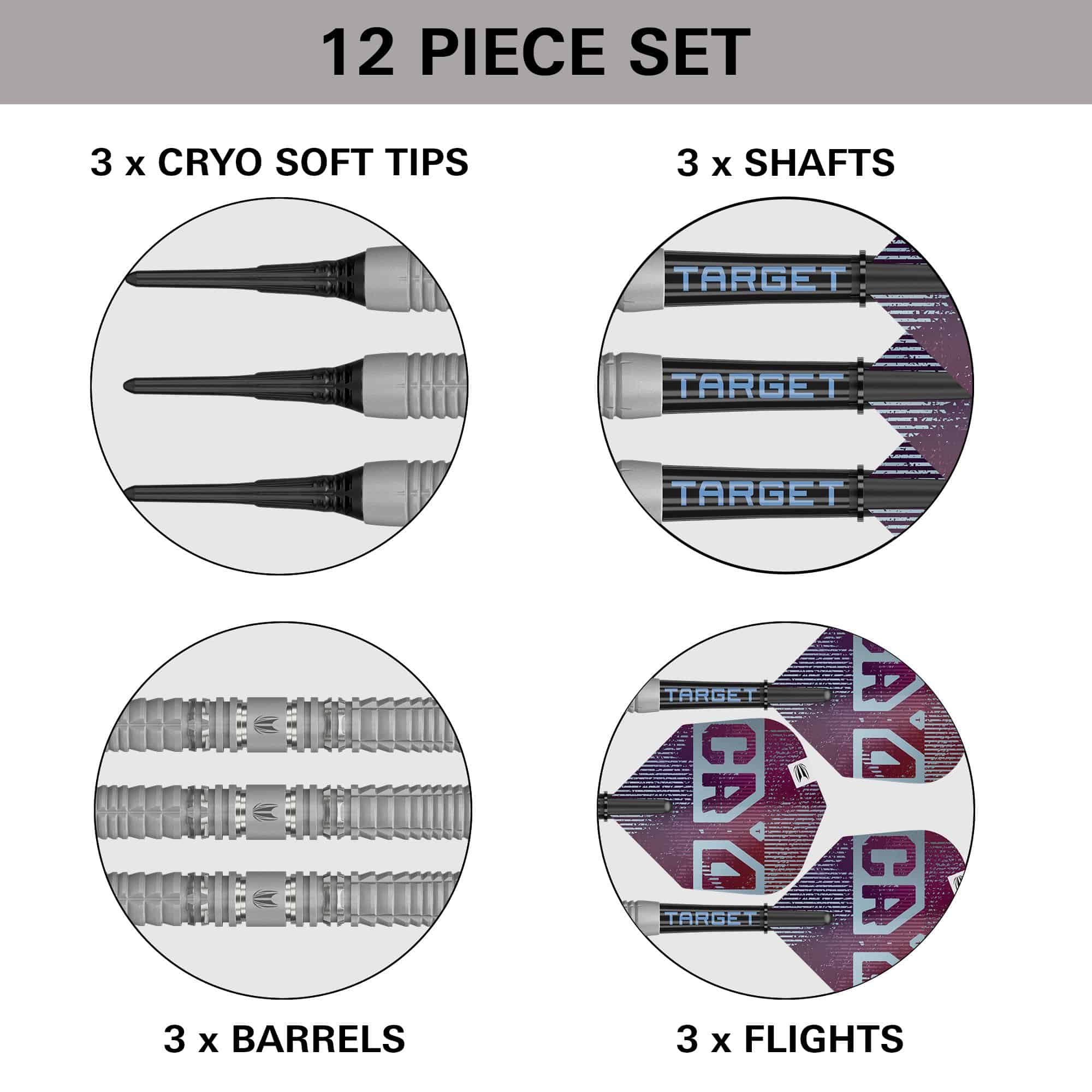 Target Cryo 12 freccette morbide Dieses Bild stellt die Target Cryo 12 Softdarts dar. Diese Softdarts bieten optimale Kontrolle für ambitionierte Spieler.