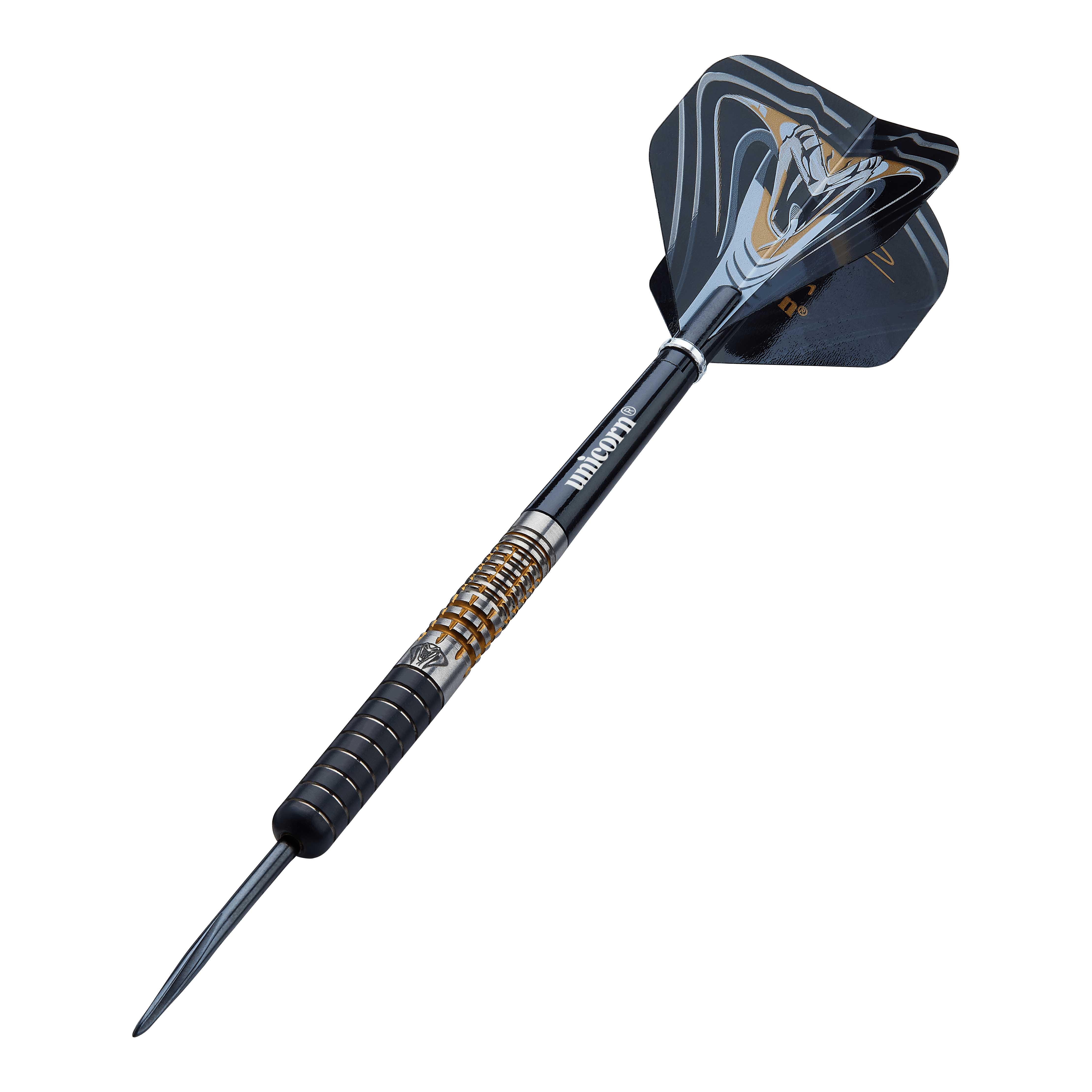 Freccette in acciaio Unicorn Maestro Jeffrey De Zwaan Fase 3 Das Bild zeigt einen Unicorn Maestro Jeffrey De Zwaan Phase 3 Steeldart. Der Dart hat ein schwarzes und silbernes Design mit goldenen Akzenten und einer auffälligen Flights-Grafik.