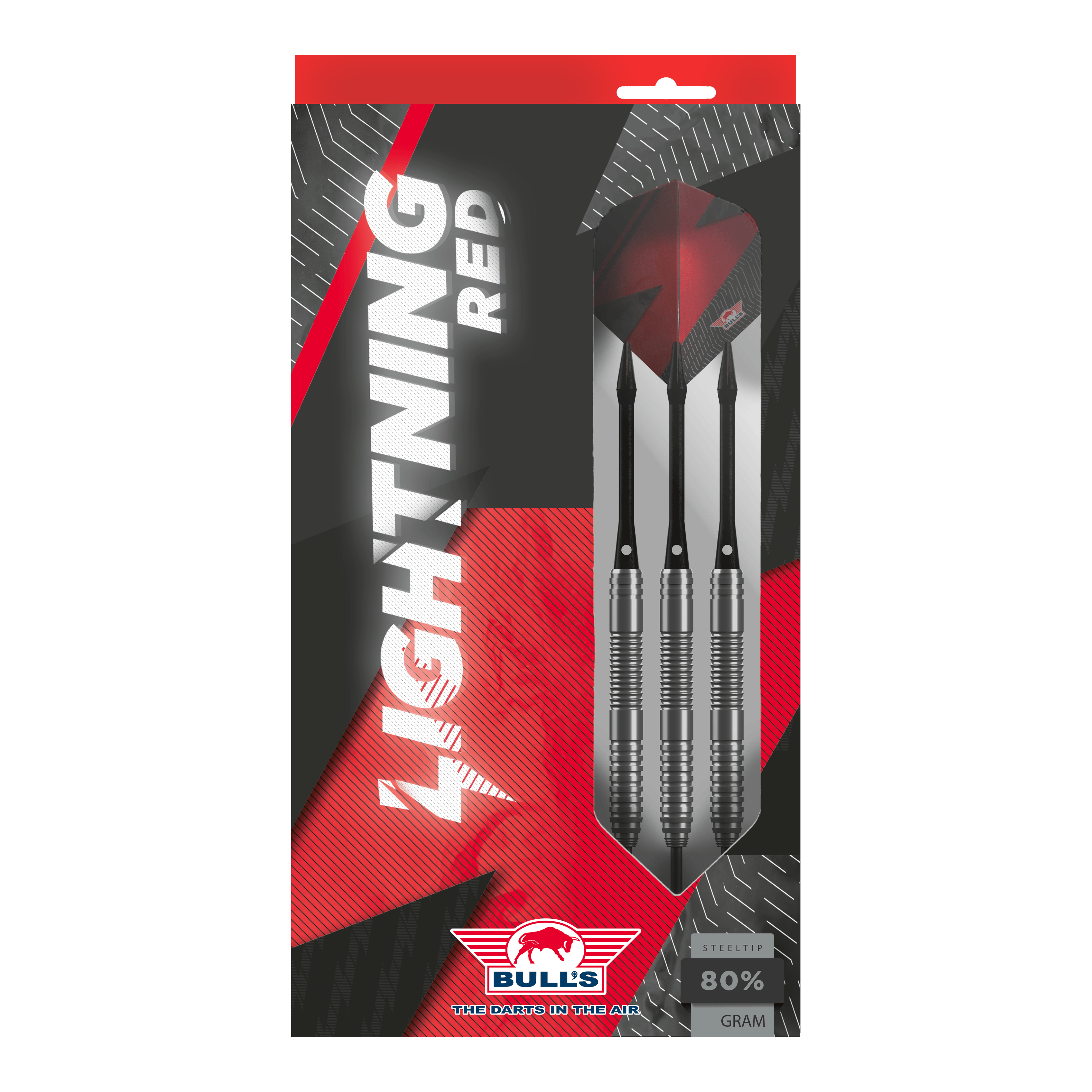 Bulls NL Lightning Freccette in acciaio rosse Das Bild zeigt die Verpackung der "Bulls NL Lightning Red Steeldarts". In der Packung sind drei silberne Steeldarts mit roten Flights zu sehen.