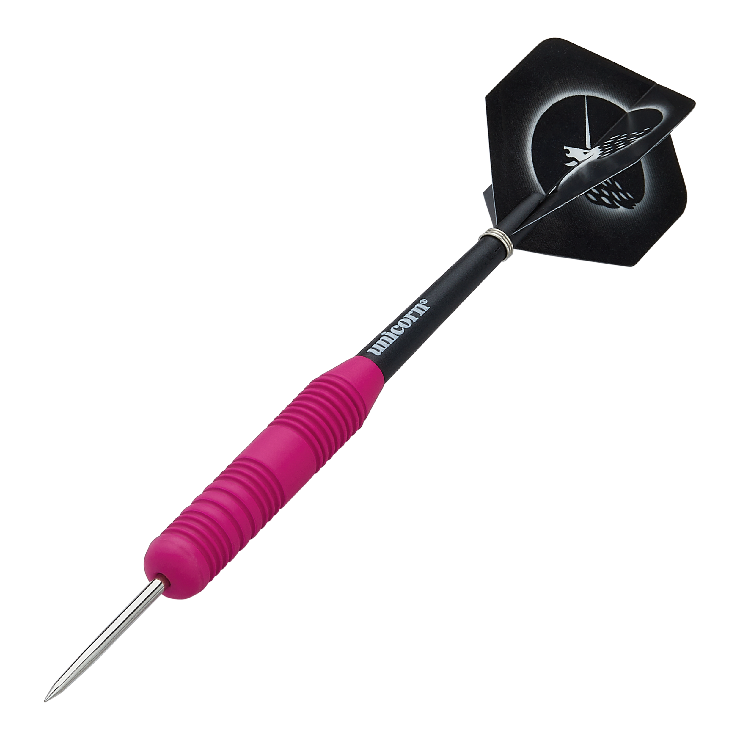 Freccette in acciaio rosa gommate Unicorn Core Plus Das Bild zeigt einen Unicorn Core Plus Steeldart mit einem pinken, gummierten Griff. Der Dart hat eine schwarze Spitze und einen schwarzen Flight mit weißem Muster.