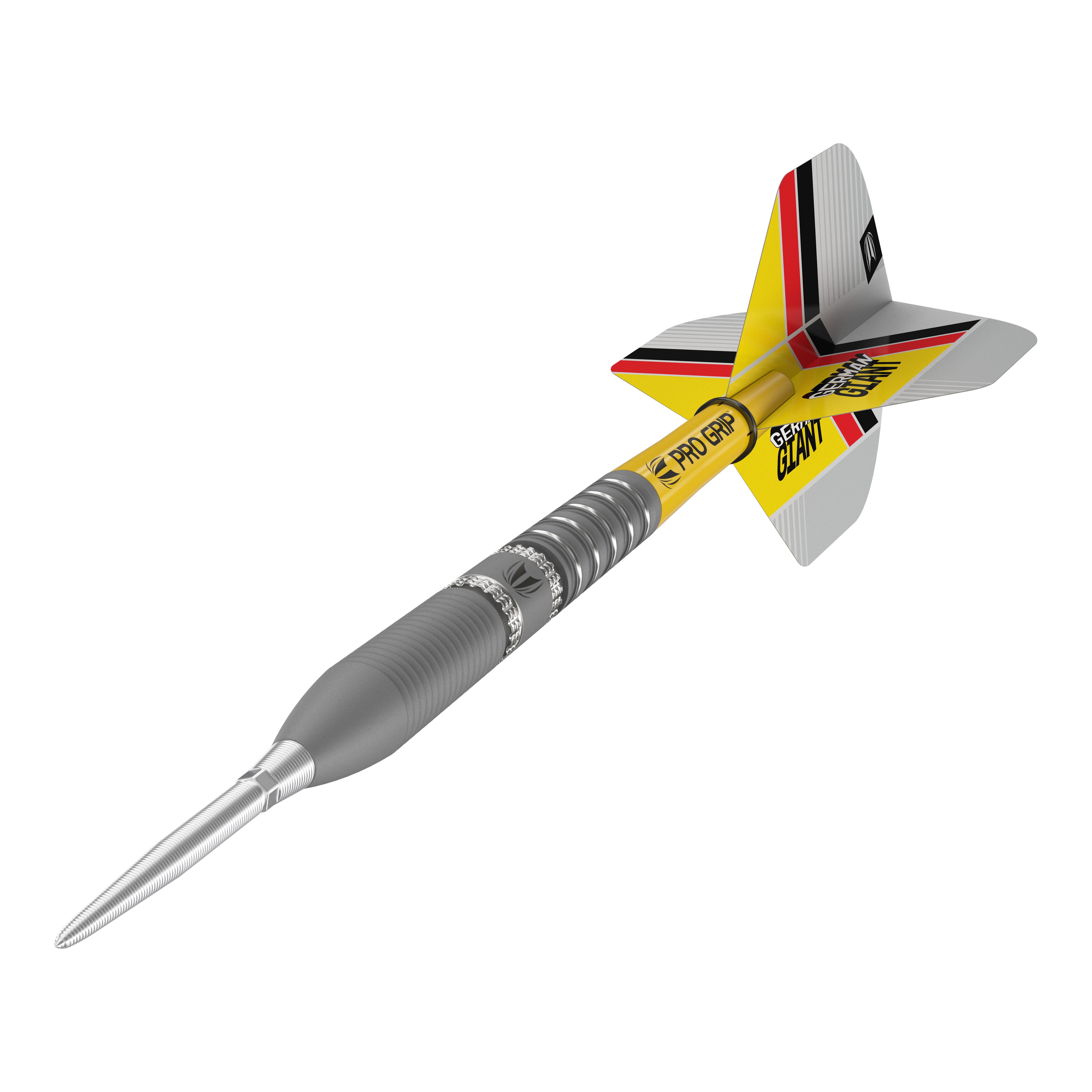 Freccette in acciaio Target Gabriel Clemens GEN2 Swiss Point Das Bild zeigt einen modernen Steeldartpfeil mit silberner Spitze und einem gelb-schwarzen Schaft. Die Flights sind mit roten, schwarzen und gelben Streifen verziert und tragen die Aufschrift "GERMAN GIANT".