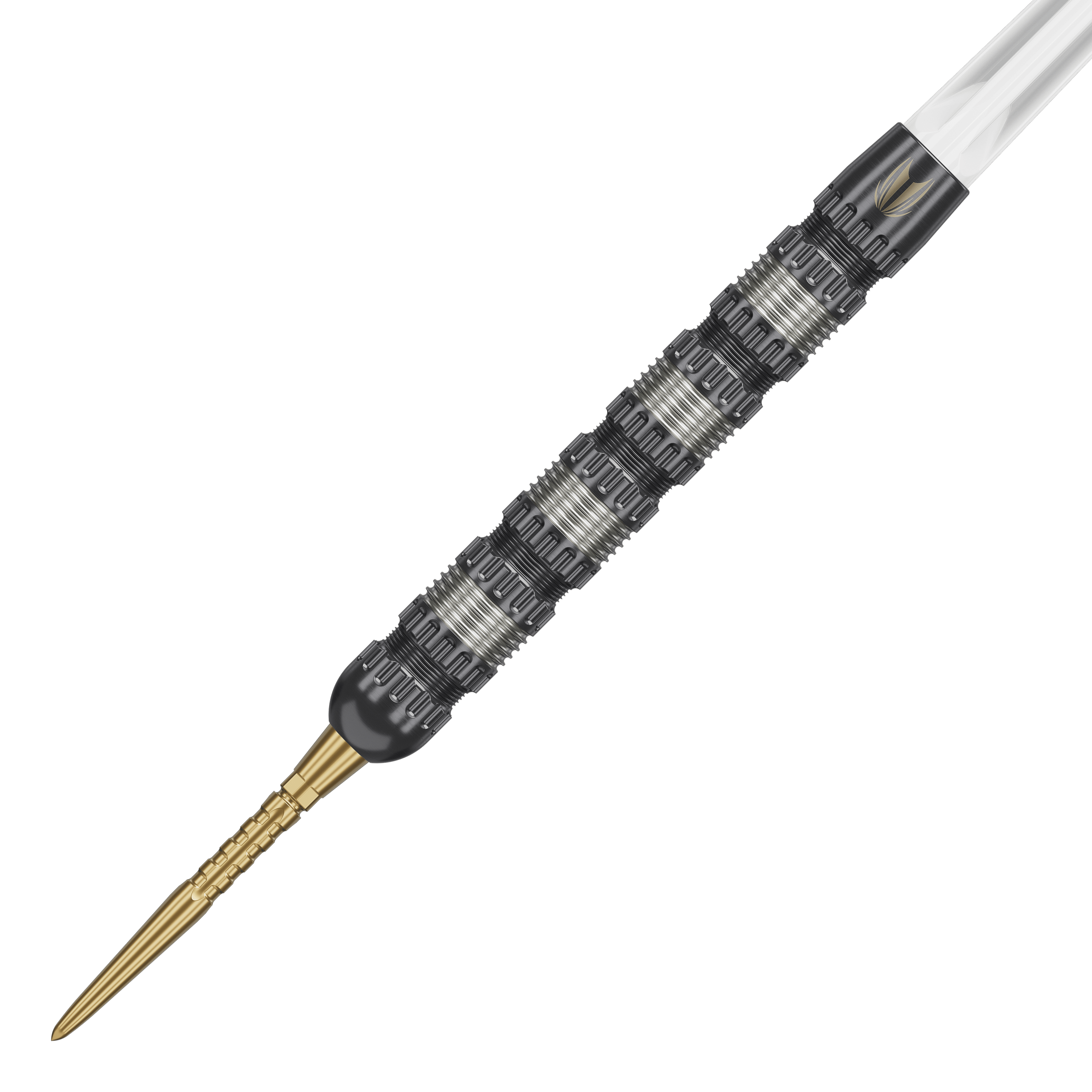 Freccette Target Rob Cross 95K Swiss Point Steel Das Bild zeigt einen Target Rob Cross 95K Swiss Point Steeldart. Der Dart hat eine strukturierte, silber-schwarze Oberfläche und eine goldene Spitze.