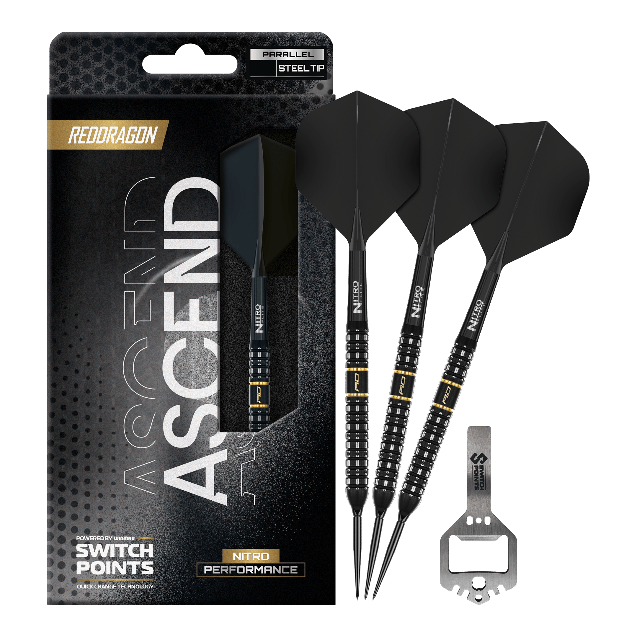 Dardi d'acciaio Red Dragon Ascend Parallel Switch Point Das Bild präsentiert die Red Dragon Ascend Parallel Switch Point Steeldarts in voller Länge. Die Details des kompletten Darts sind gut erkennbar.
