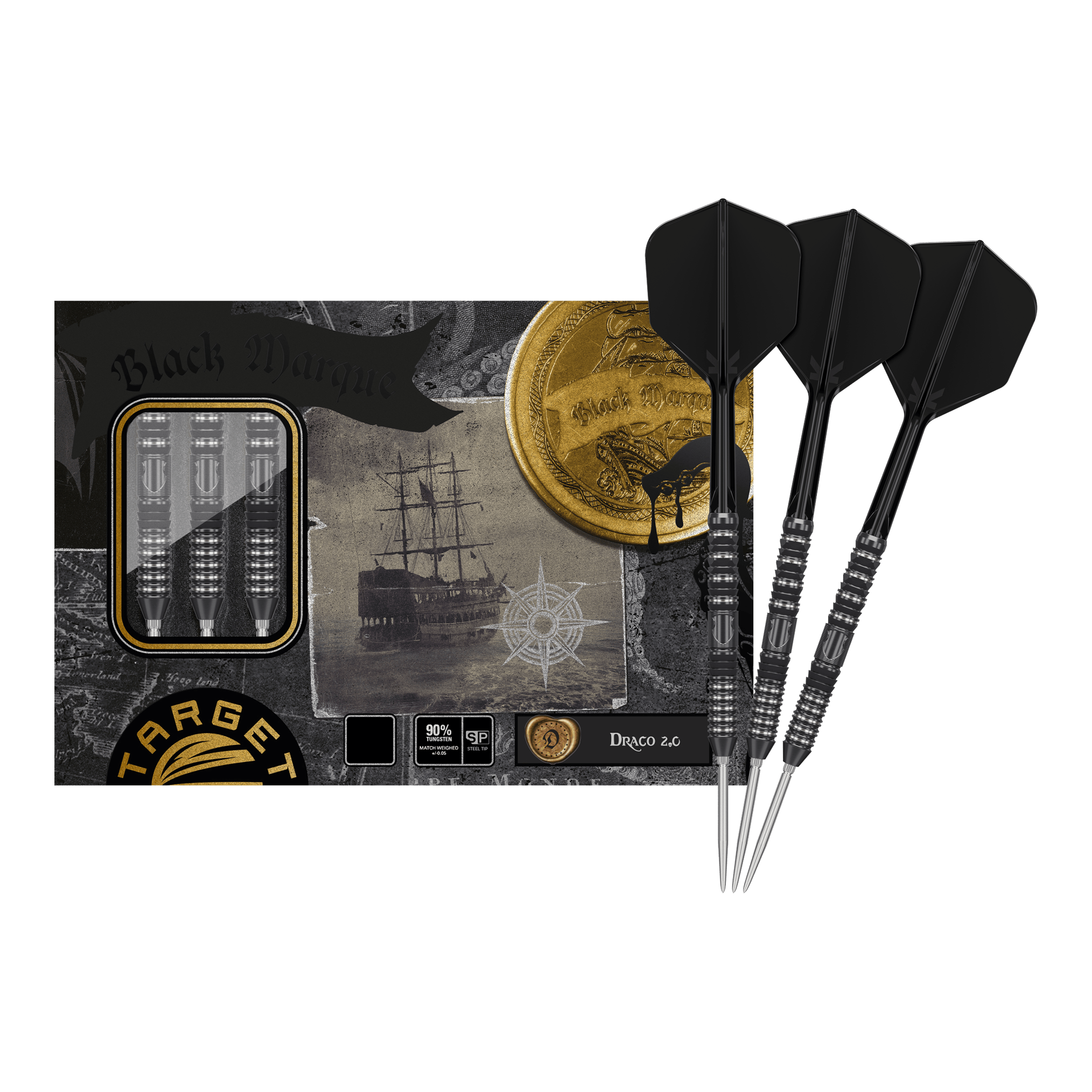 Freccette in acciaio Target Japan Black Marque Draco GEN2 Das Bild zeigt die Target Japan Black Marque Draco GEN2 Steeldarts mit einer stilvollen Verpackung im Piraten-Design. Drei schwarze Steeldarts sind neben der Verpackung abgebildet.