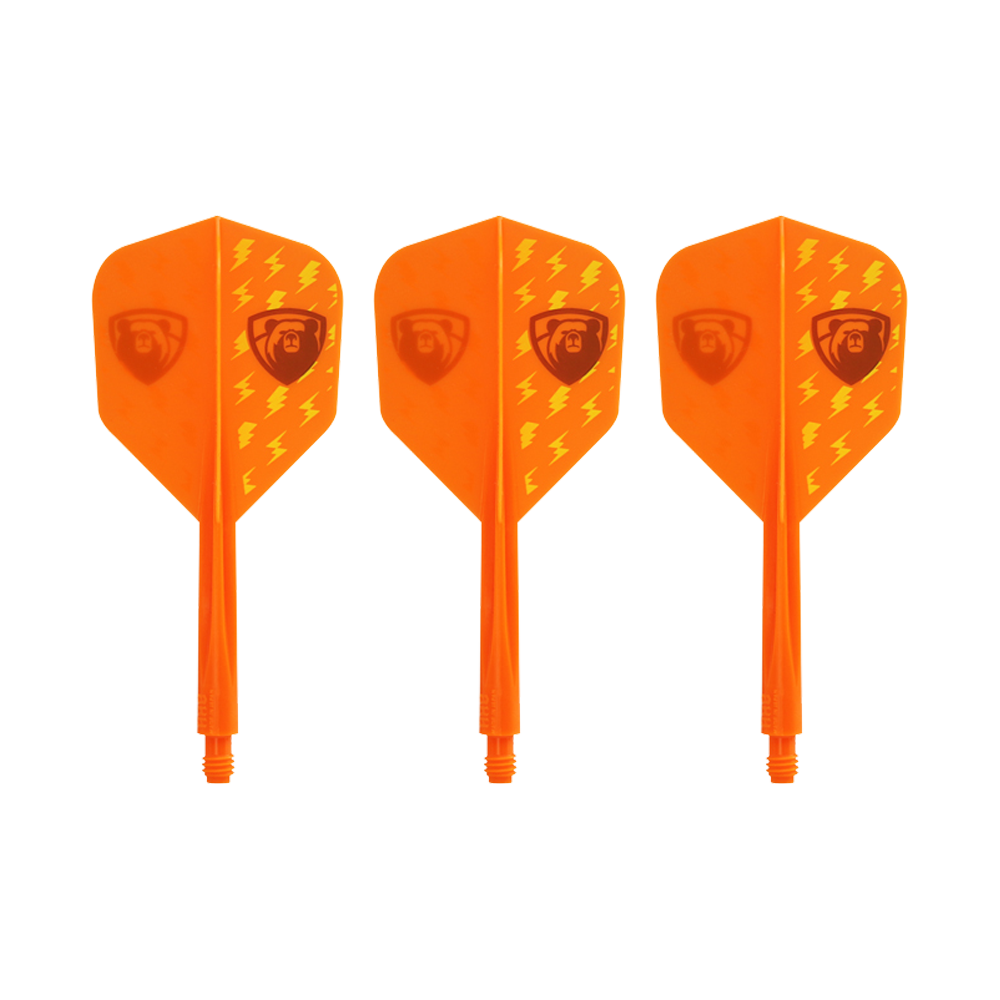 Condor AXE Thunderbolt Orange Flight-System - Small Das Bild zeigt drei orangefarbene Dartflights mit integriertem Schaft. Die Flights haben Blitzmuster und ein Logo aufgedruckt.