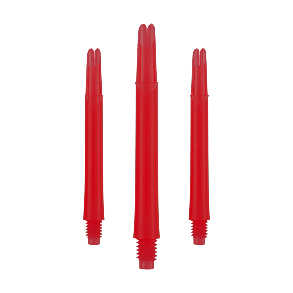 Alberi a L bloccati dritti - Rosso Auf dem Bild sind drei rote, gerade Dartschäfte ohne Kappen zu sehen. Sie sind nebeneinander angeordnet, wobei der mittlere etwas länger erscheint als die beiden äußeren.