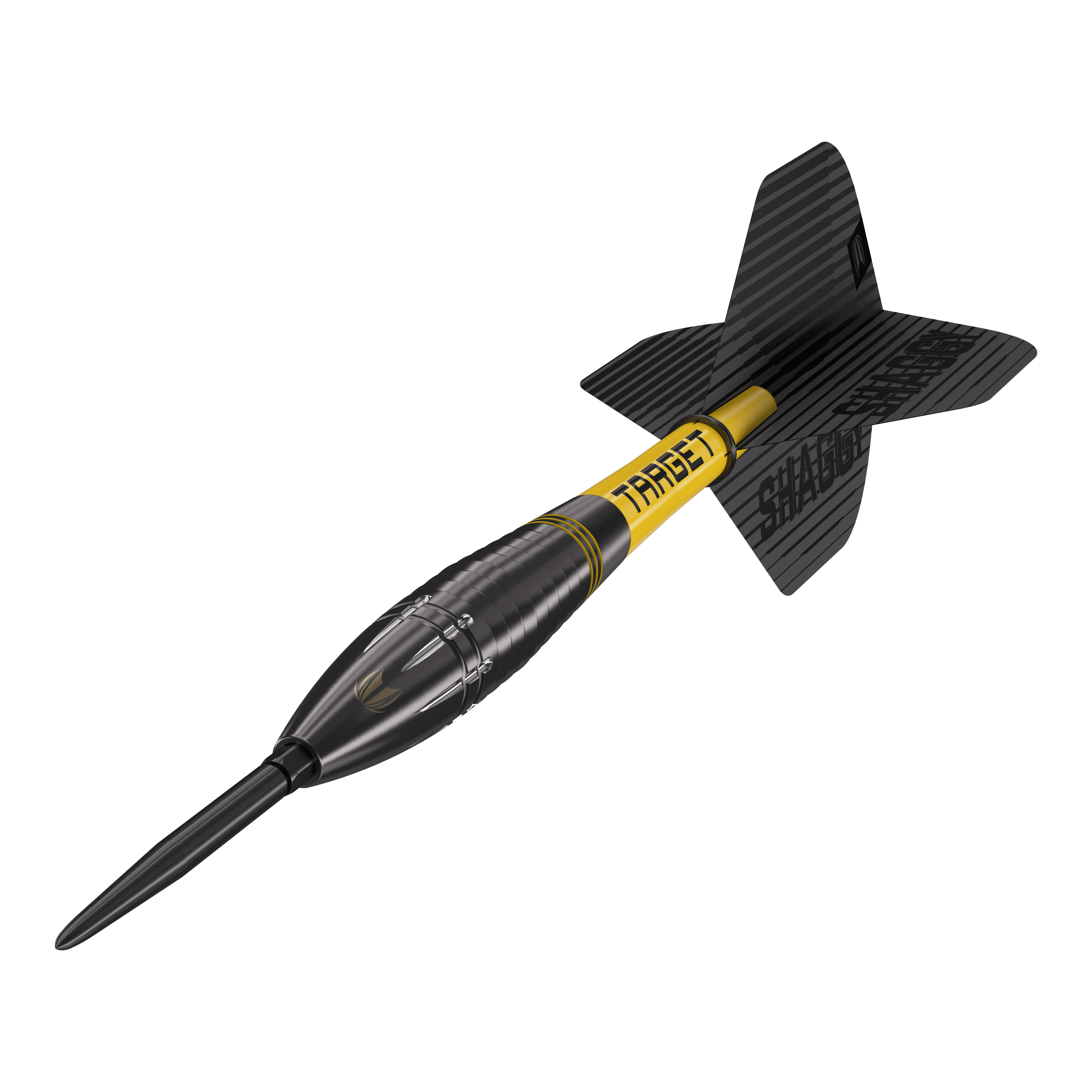 Freccette in acciaio Target Scott Williams Shaggy Black Swiss Point Das Bild zeigt den Target Scott Williams Shaggy Black Swiss Point Steeldart. Der Dart hat ein schwarzes Design mit gelben Akzenten und einer schwarzen Flights.