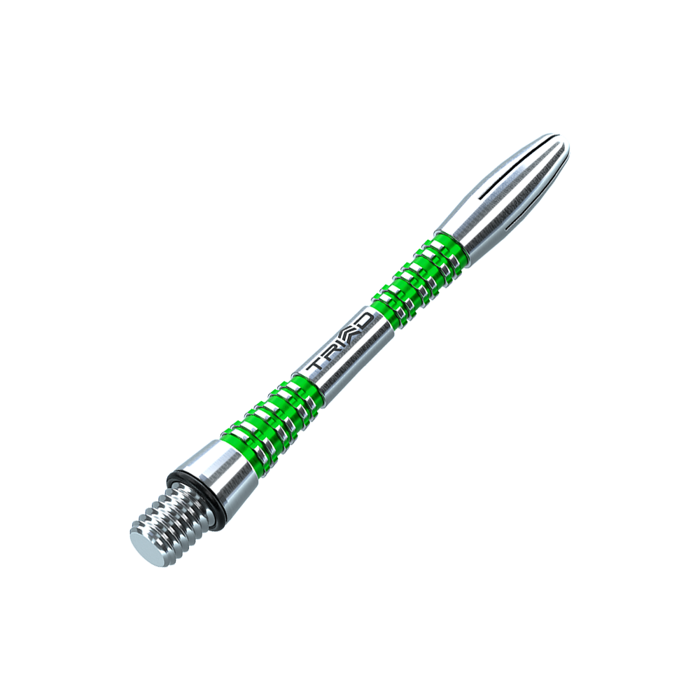 7013-403_Winmau_Triad_Aluminium_Shafts_Gr-n_41mm_2 Winmau Triad Aluminium Shafts einzeln sichtbar. Die Oberfläche ist metallisch glänzend.