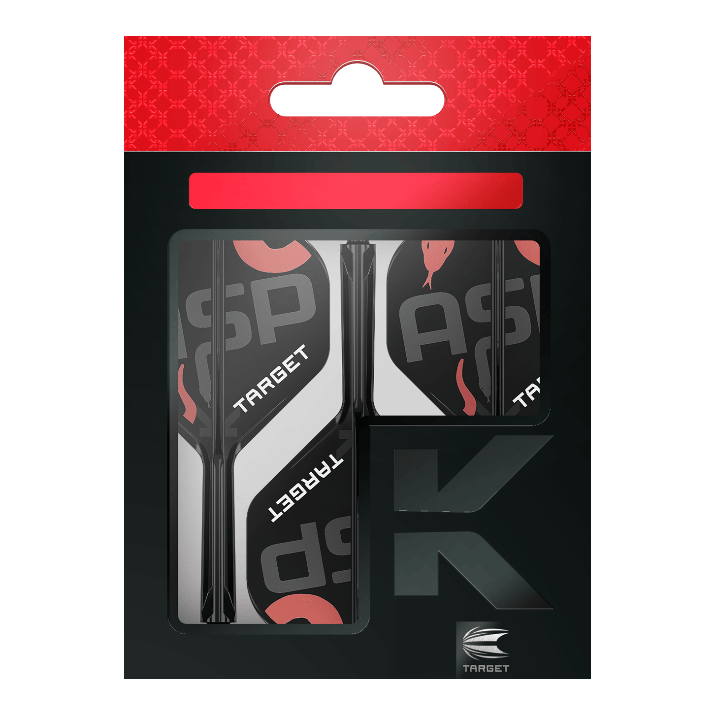 Auf dem Bild ist eine Verpackung mit Dart-Flights und Schäften der Marke Target zu sehen. Die Verpackung ist überwiegend schwarz mit roten und weißen Akzenten gestaltet.