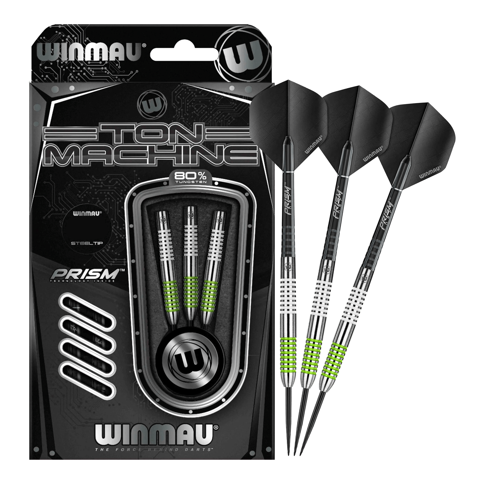 Freccette in acciaio Winmau Ton Machine Das Bild zeigt das Set der Winmau Ton Machine Steeldarts in voller Ansicht. Diese Steeldarts sind ideal für Dartliebhaber.