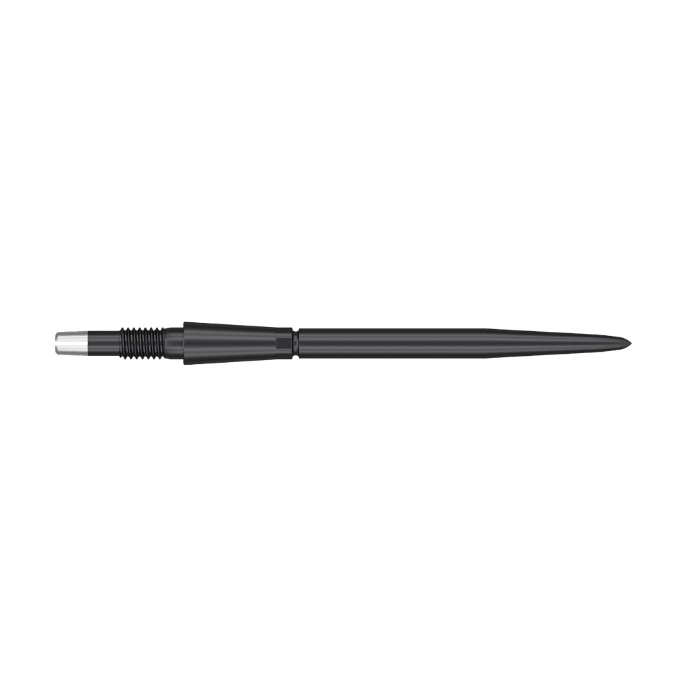 Punte per freccette Target Swiss Storm Point - Nere Das Bild zeigt eine schwarze Dartspitze mit einem geriffelten Griffbereich. Die Spitze ist lang und schmal, ideal für den Einsatz bei Dartpfeilen.