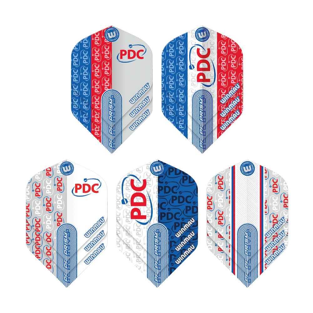 Collezione di voli Winmau PDC Prism Das Bild zeigt die "Winmau PDC Prism Flight Collection" mit fünf unterschiedlichen Dart-Flights. Die Flights sind in den Farben Blau, Rot und Weiß gehalten und mit den Logos "PDC" und "Winmau" bedruckt.