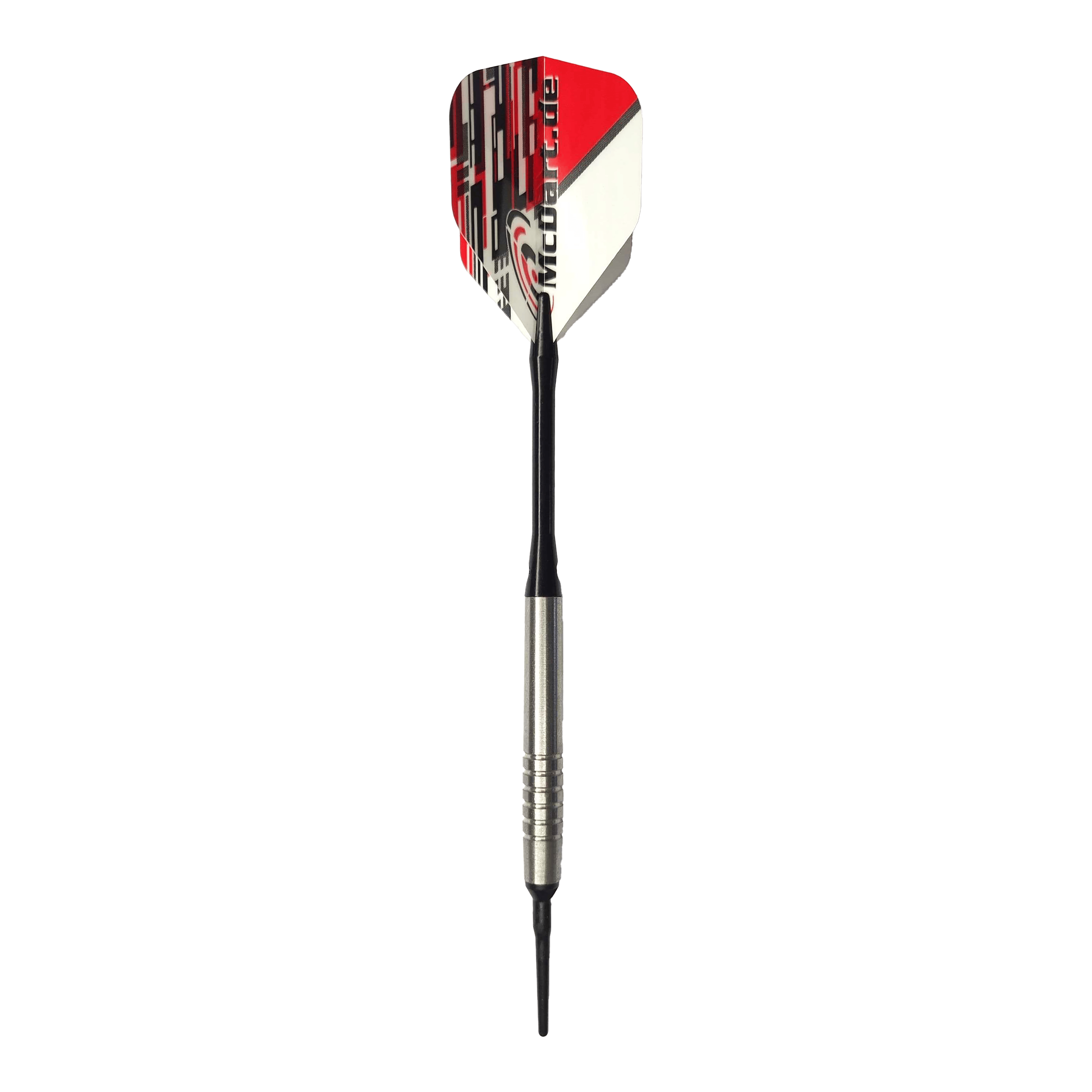 Freccette morbide McDart 85 Tungsten V14 - 17 g Das Bild zeigt einen McDart 85er Tungsten V14 Softdart mit einem Gewicht von 17 Gramm. Der Dart hat eine silberne Spitze, einen schwarzen Schaft und eine rot-weiße Flights.
