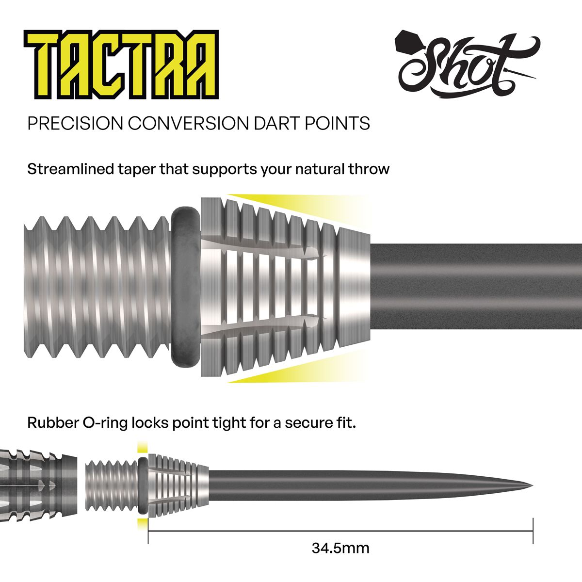 Punti di conversione Shot Tactra - 34 mm Das Bild zeigt die Shot Tactra Conversion Points - 34 mm. Es handelt sich um spezielle Dartspitzen zum Umrüsten von Softdarts auf Steeldarts.