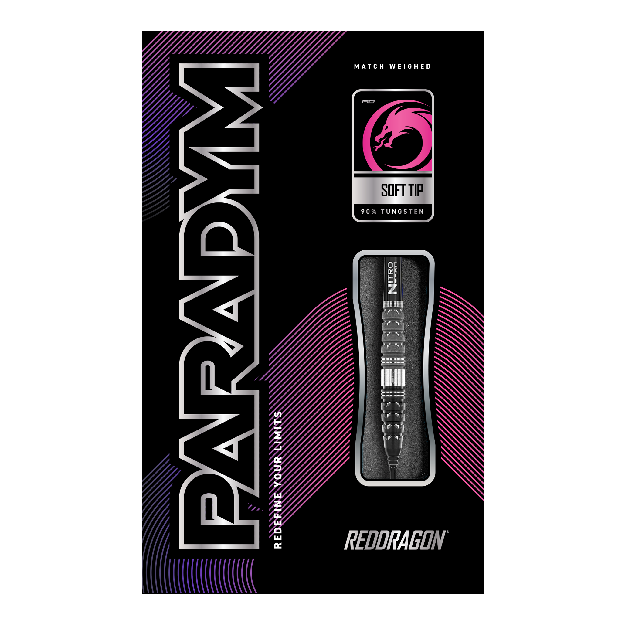 Freccette morbide Red Dragon Paradym Torpedo - 20 g Das Bild zeigt die Verpackung der Red Dragon Paradym Torpedo Softdarts mit einem Gewicht von 20g. Auf der Verpackung sind ein Dartpfeil, das Red Dragon Logo und moderne Designelemente in Schwarz, Pink und Lila zu sehen.