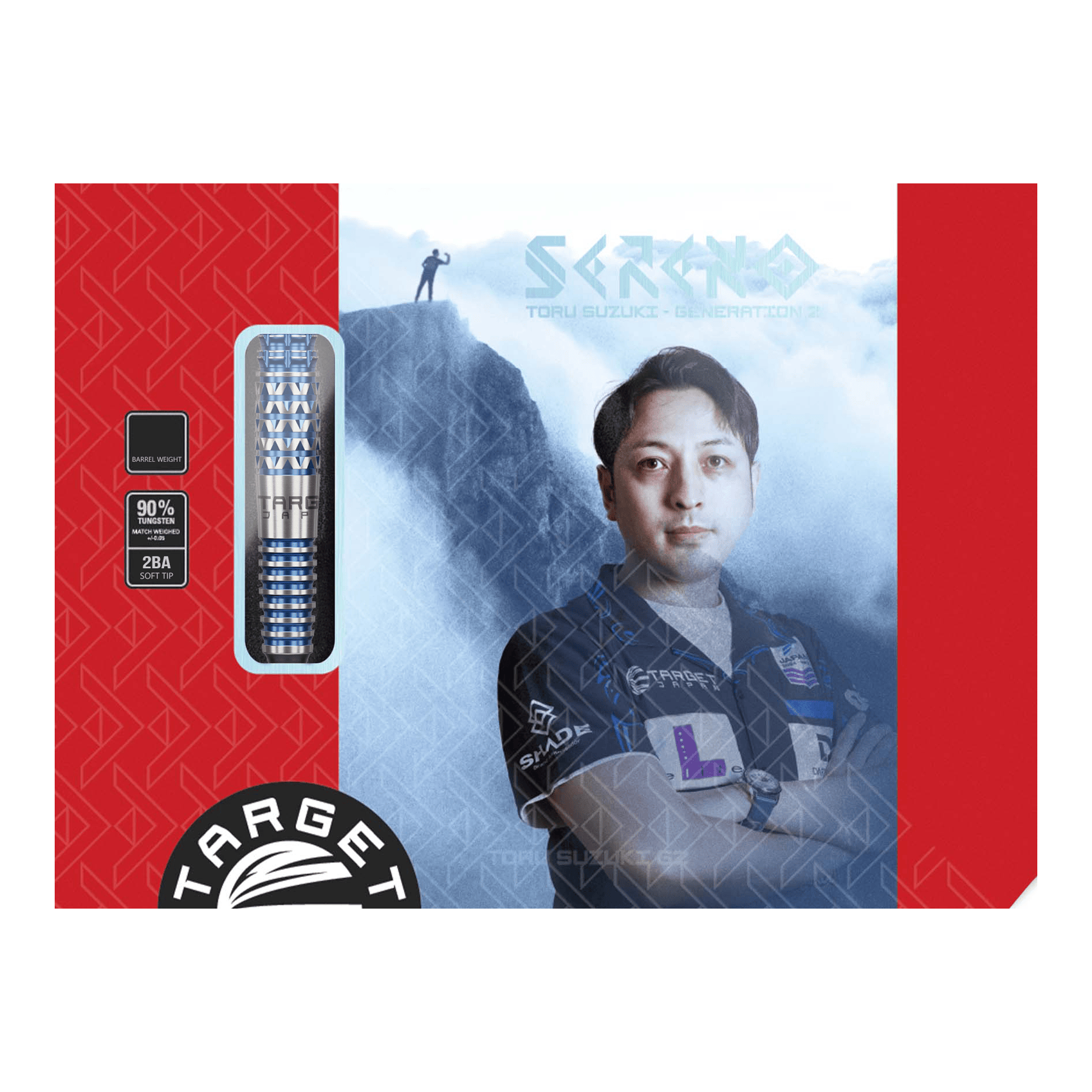 Target Japan Toru Suzuki Sereno GEN2 Freccette morbide - 20 g Die Verpackung zeigt das Produkt "Target Japan Toru Suzuki Sereno GEN2 Softdarts - 20g". Auf der Vorderseite ist ein Bild von Toru Suzuki sowie die Darts und Produktinformationen abgebildet.