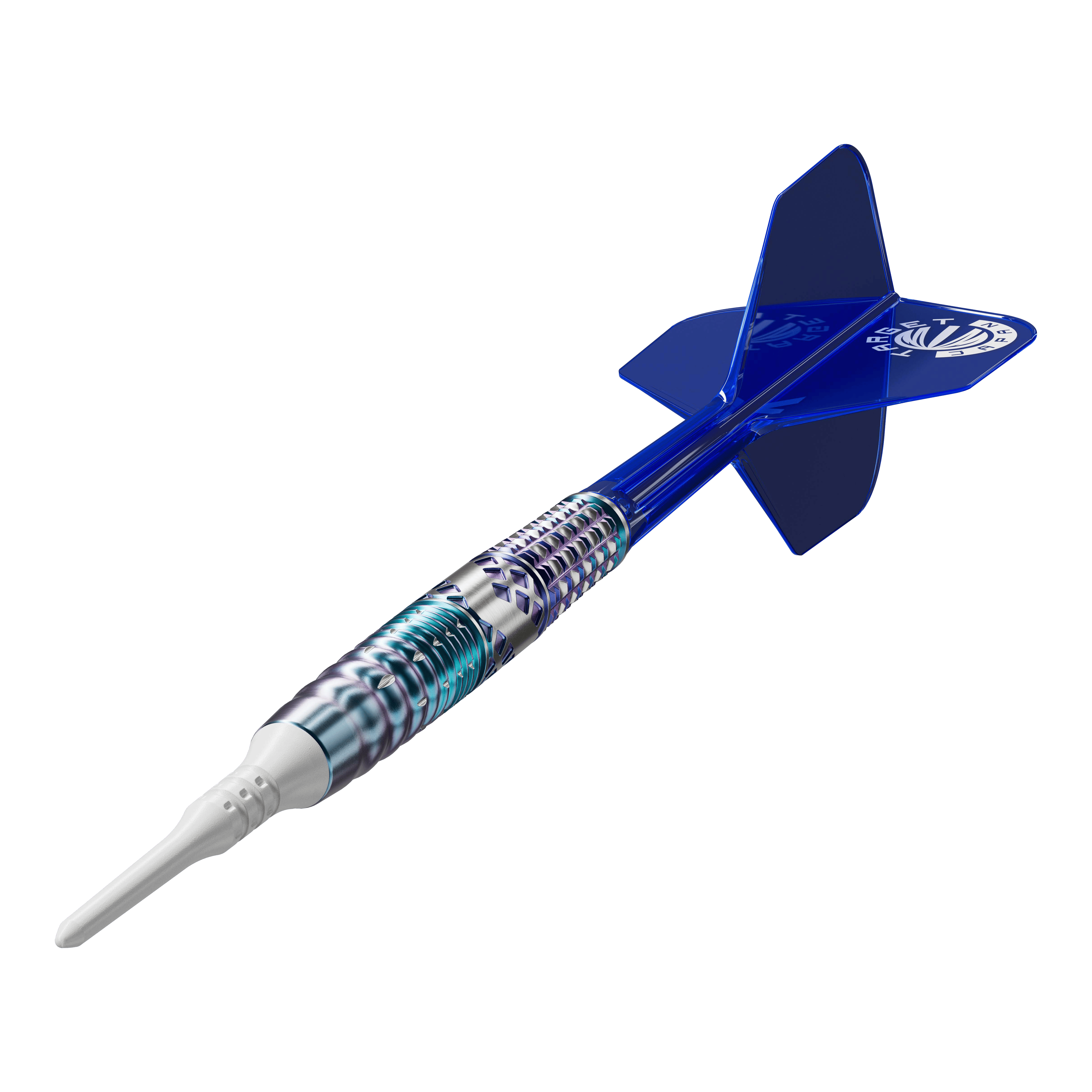 Target Japan Cathy Leung Charis GEN5 Freccette morbide - 19 g Das Bild zeigt einen Softdart mit einem silber-blauen, metallischen Schaft und einer weißen Spitze. Die Flights am Ende des Darts sind blau und tragen ein weißes Logo.