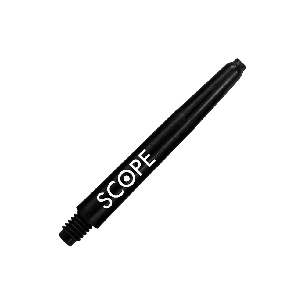 522_McDart_Scope_Nylon_Shafts_Schwarz_41mm_2 Das Bild zeigt einen schwarzen Nylon-Schaft für Darts mit der Aufschrift "SCOPE". Es handelt sich um das Produkt "McDart Scope Nylon Shafts".
