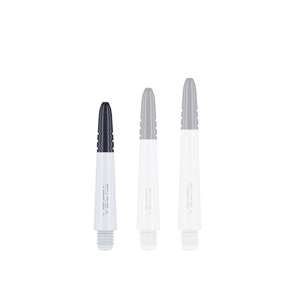 7025-102_Winmau_Vecta_Shafts_Weiss_34mm_1RtbDMXjAC0Hhc Auf dem Bild sind drei weiße Winmau Vecta Shafts in unterschiedlichen Längen zu sehen. Die Spitzen der Shafts sind schwarz gehalten.