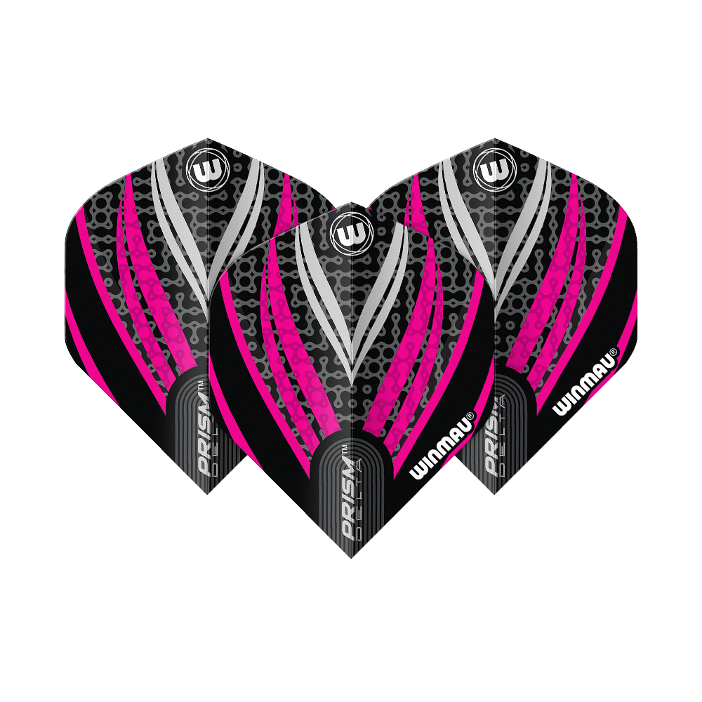 Voli standard Winmau Prism Delta Nero Bianco Rosa n. 2 Das Bild zeigt drei Dart-Flights des Modells "Winmau Prism Delta Schwarz Weiß Pink No2 Standard". Die Flights haben ein auffälliges Design in Schwarz, Pink und Weiß mit dem Winmau-Logo.