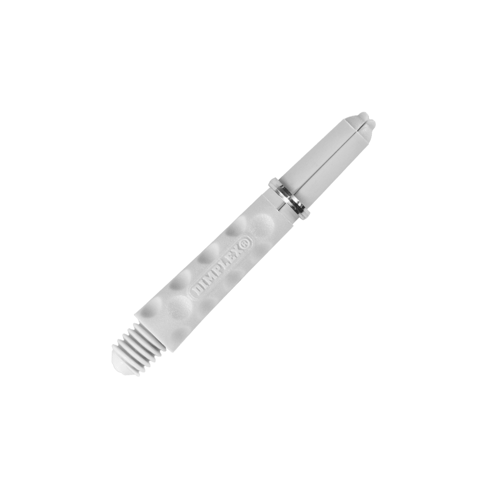 HR323_Harrows_Dimplex_Shafts_Weiss_34mm_2 Das Bild zeigt einen weißen Dart-Schaft mit einer genoppten Oberfläche. Auf dem Schaft steht das Wort "DIMPLEX".