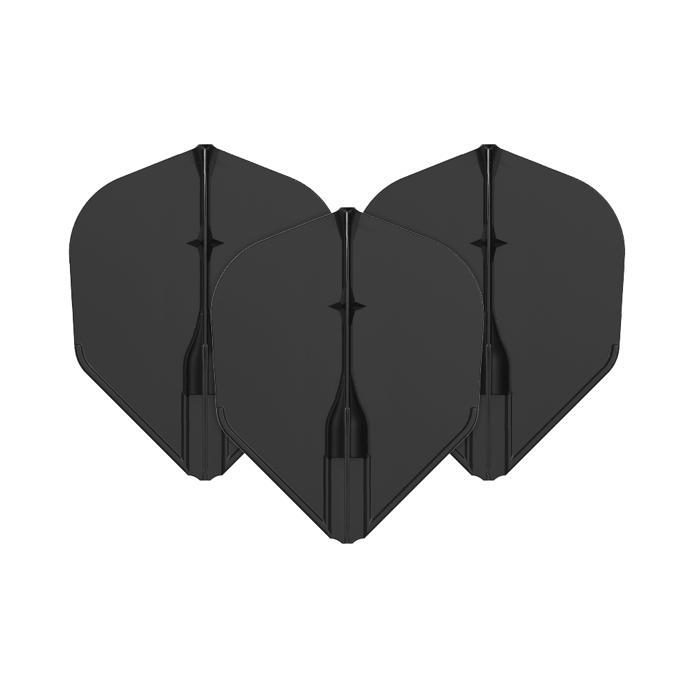 Voli L-L-Style3EZ Auf dem Bild sind drei schwarze Dartflights zu sehen. Sie sind in einer Reihe angeordnet und haben eine klassische Form.