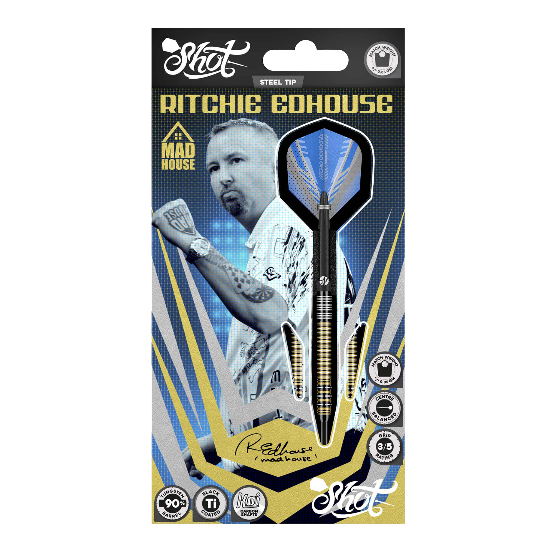 Shot Ritchie Edhouse Madhouse freccette d'acciaio Abgebildet sind die Shot Ritchie Edhouse Madhouse Steeldarts. Sie zeigen das markante Design und die hochwertige Verarbeitung der Darts.