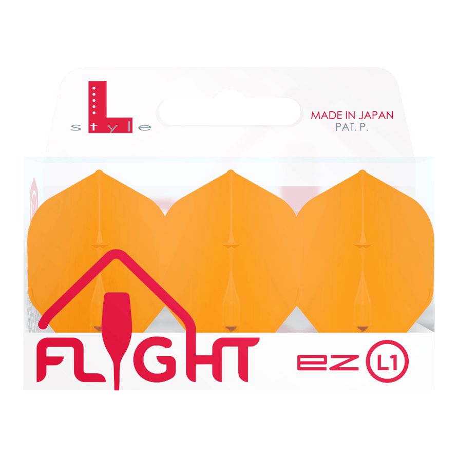 Voli standard L-Style Champagne L1EZ Das Bild zeigt eine Packung „L-Style Champagne L1EZ Standard Flights“ in Orange. Die Verpackung ist durchsichtig und trägt die Aufschrift „Flight ez L1“.