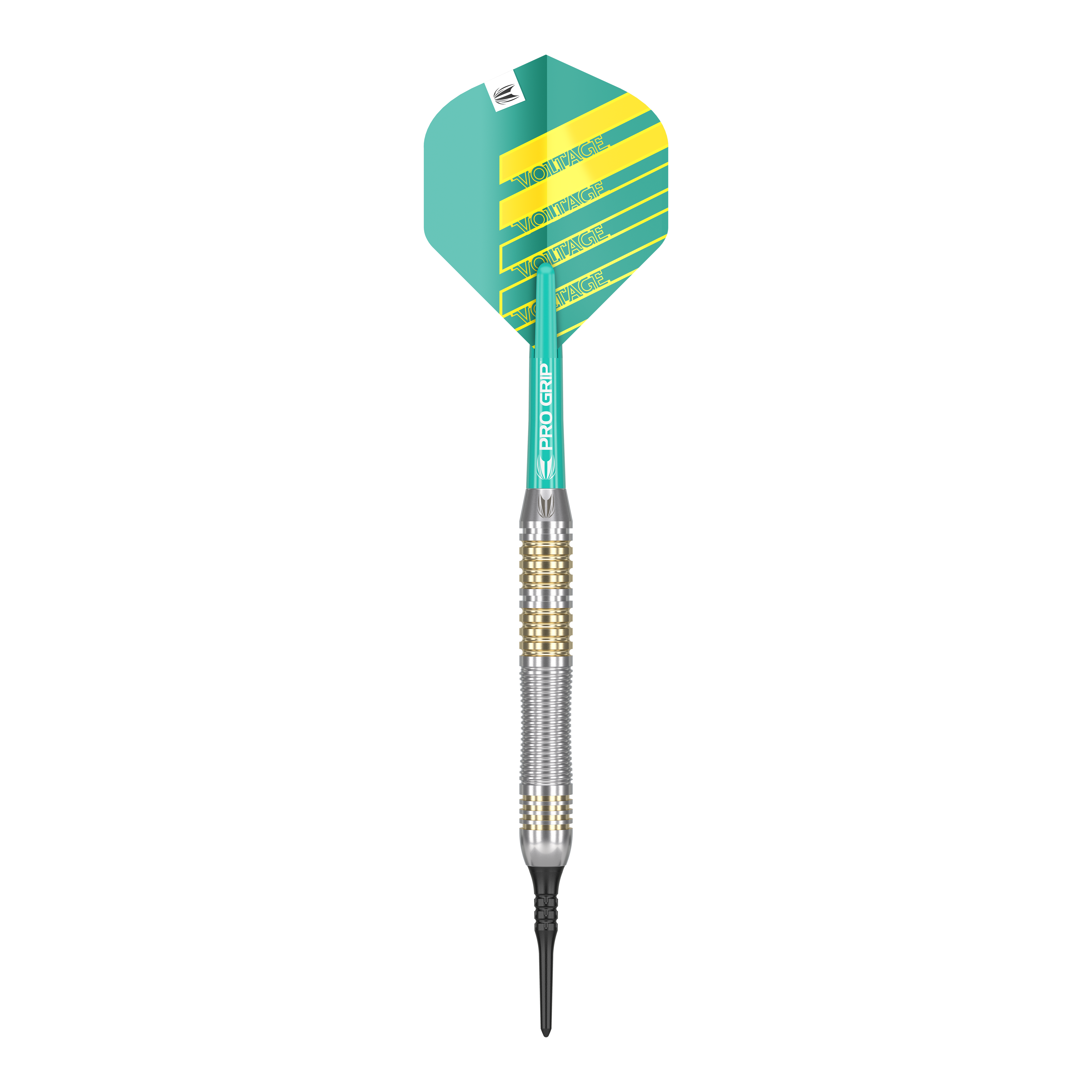 Freccette morbide Target Rob Cross in ottone - 18 g Das Bild zeigt einen Softdart der Marke "Target Rob Cross Brass Softdarts - 18g". Der Dart hat eine grün-gelbe Flight und einen silber-goldenen Schaft.