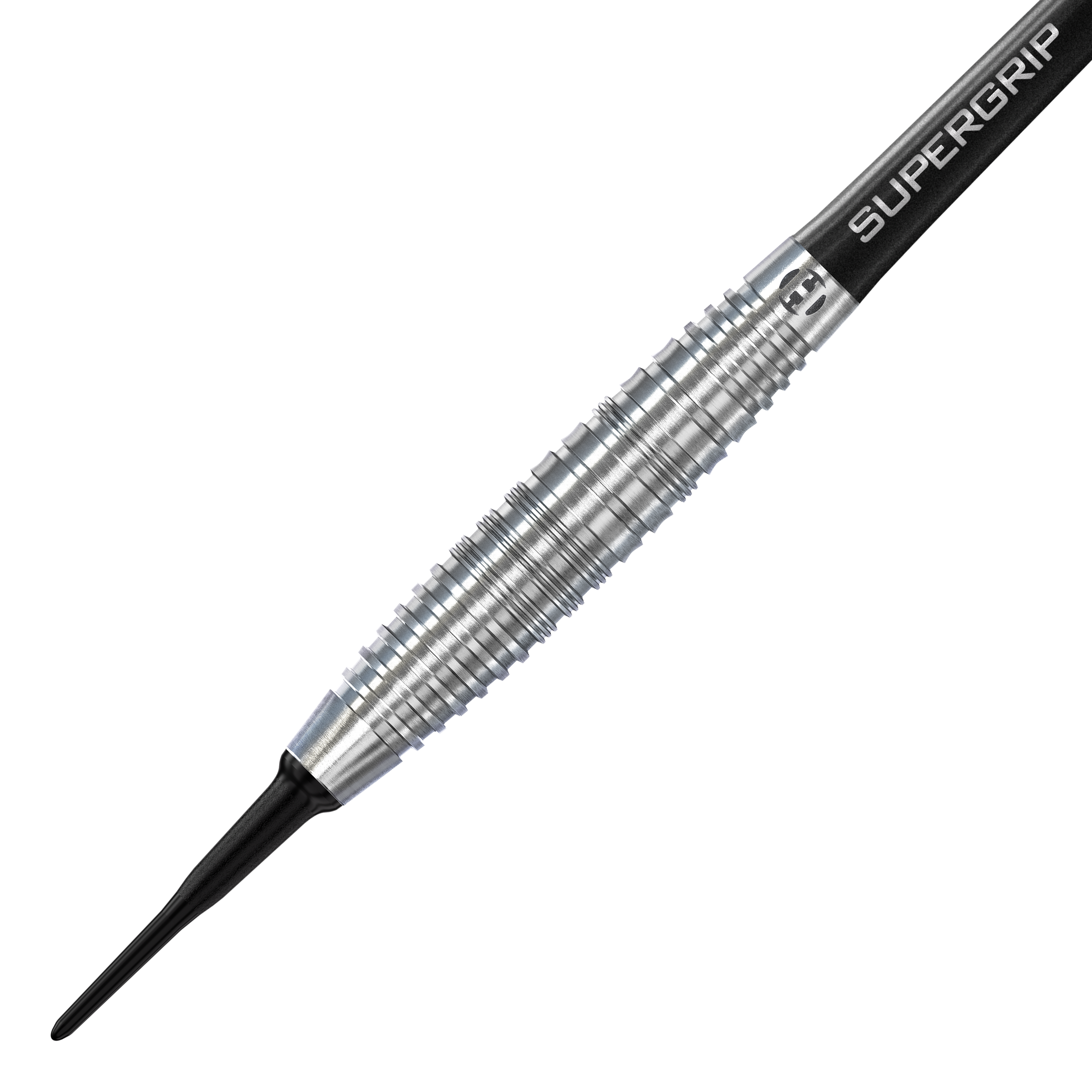 Freccette morbide Harrows NX90 Bomb Das Bild zeigt einen Harrows NX90 Bomb Softdart. Der Dart hat eine silberne, geriffelte Metallspitze und einen schwarzen Schaft mit der Aufschrift "SUPERGRIP".