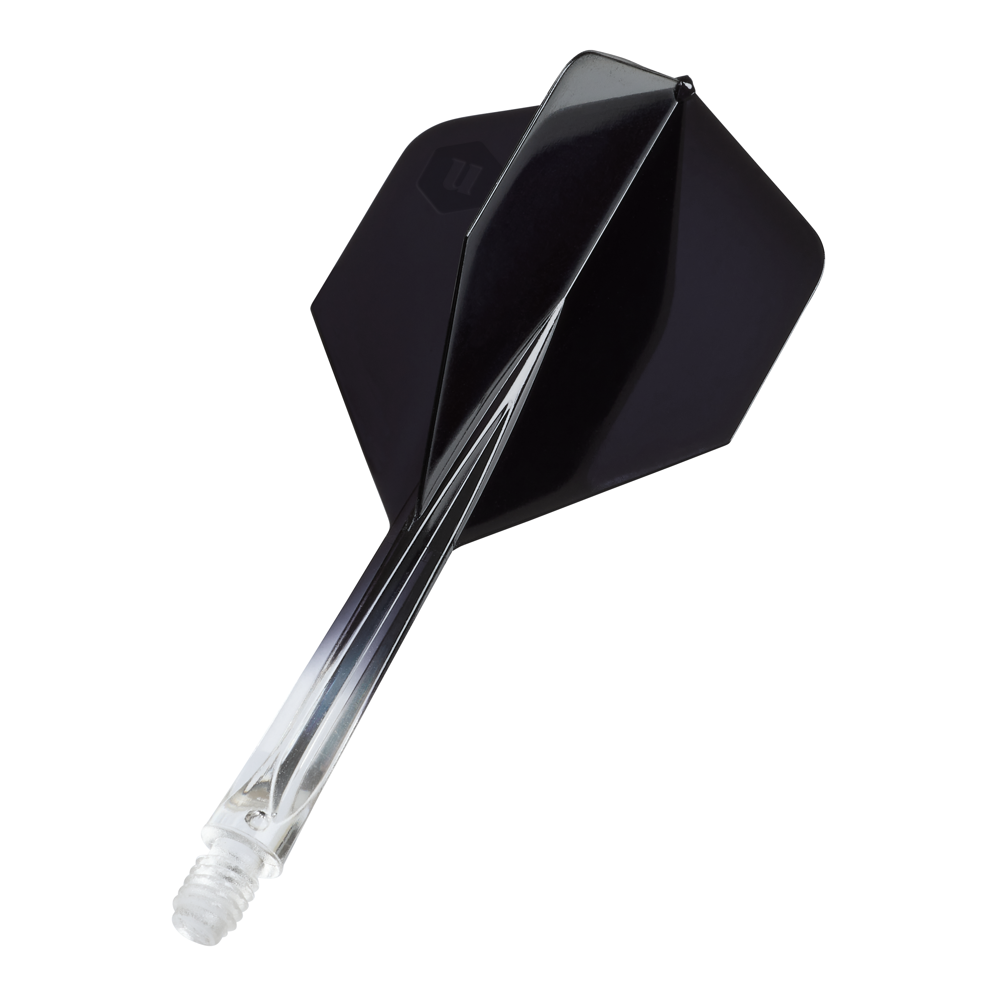 Alette standard Unicorn Forge Two Tone No2 - Nero trasparente Das Bild zeigt die Unicorn Forge Two Tone No2 Standard Flights in Schwarz. Es handelt sich um Flights für Dartpfeile mit klarem und schwarzem Design.