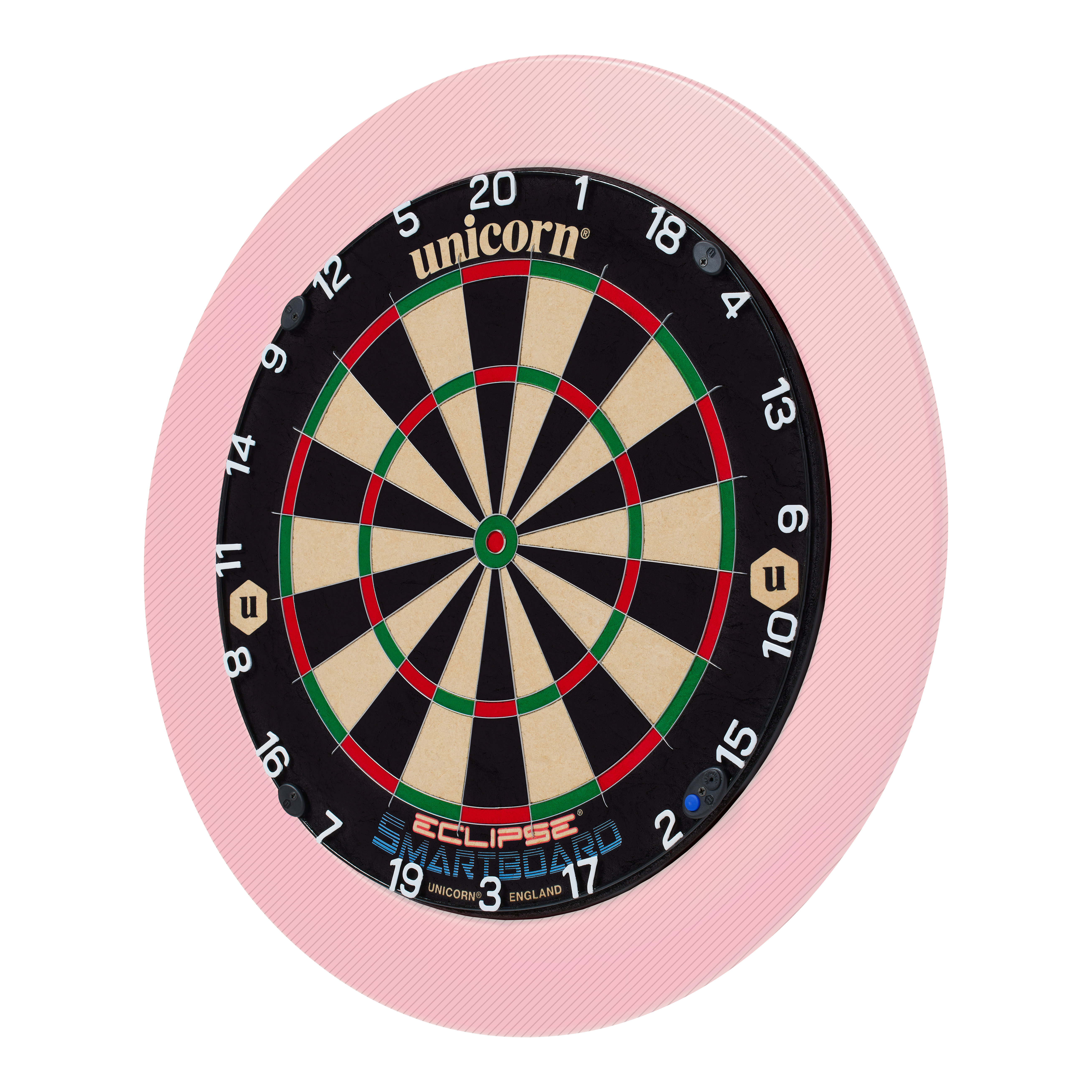 Bersaglio per freccette in acciaio Unicorn Eclipse Smartboard Das Bild zeigt eine Unicorn Eclipse Smartboard Steeldartscheibe mit einem pinken Schutzring. Die Dartscheibe hat klare Zahlen und farbige Segmente für das Dartspiel.
