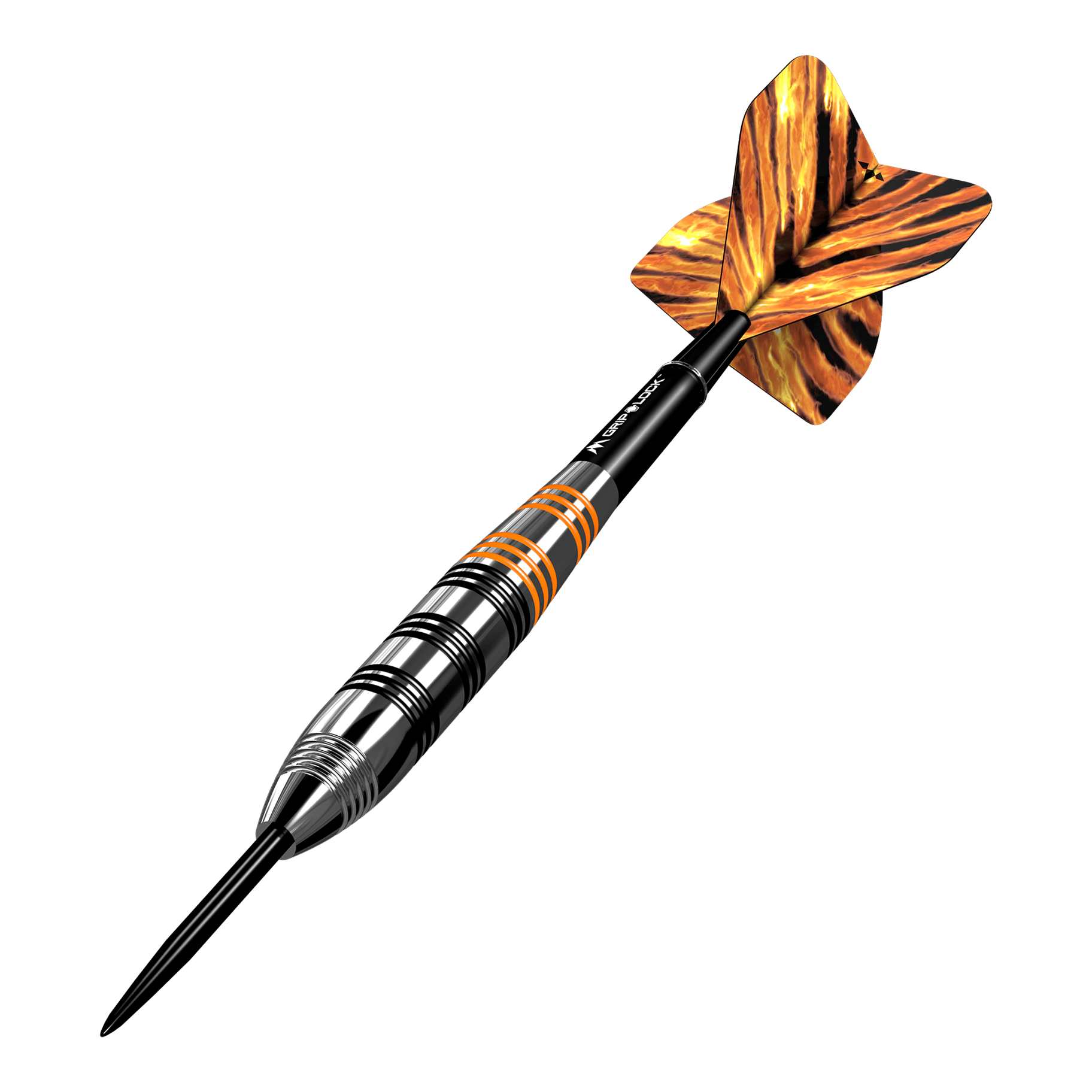 Freccette Mission Javan in ottone e acciaio - 22 g Das Bild zeigt einen Mission Javan Brass Steeldart mit einem Gewicht von 22 Gramm. Der Dart hat ein schwarz-silbernes Design mit orangefarbenen Akzenten und auffällig gemusterten Flights.