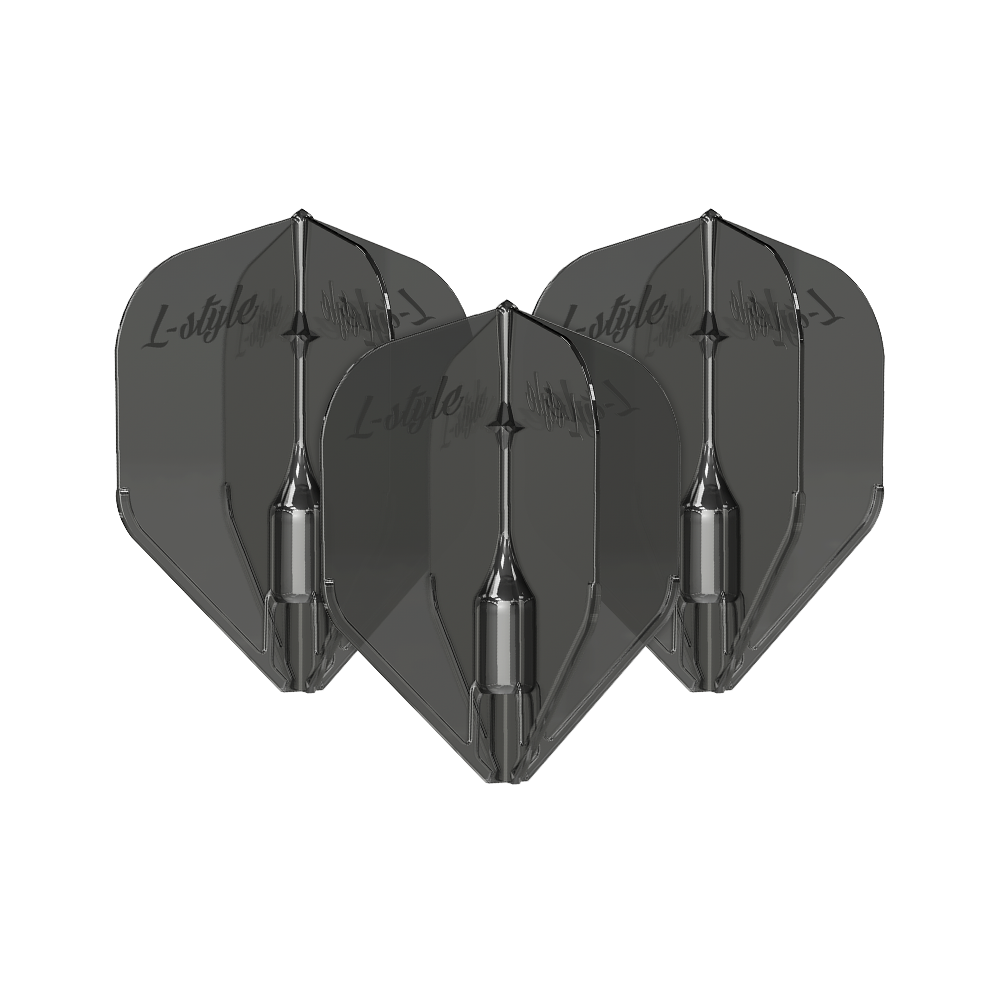 Alette L-Style Fantom L3EZ nere trasparenti Das Bild zeigt drei schwarze, transparente Dart-Flights des Modells "L-Style Fantom L3EZ". Auf den Flights ist der Schriftzug "L-style" zu sehen.