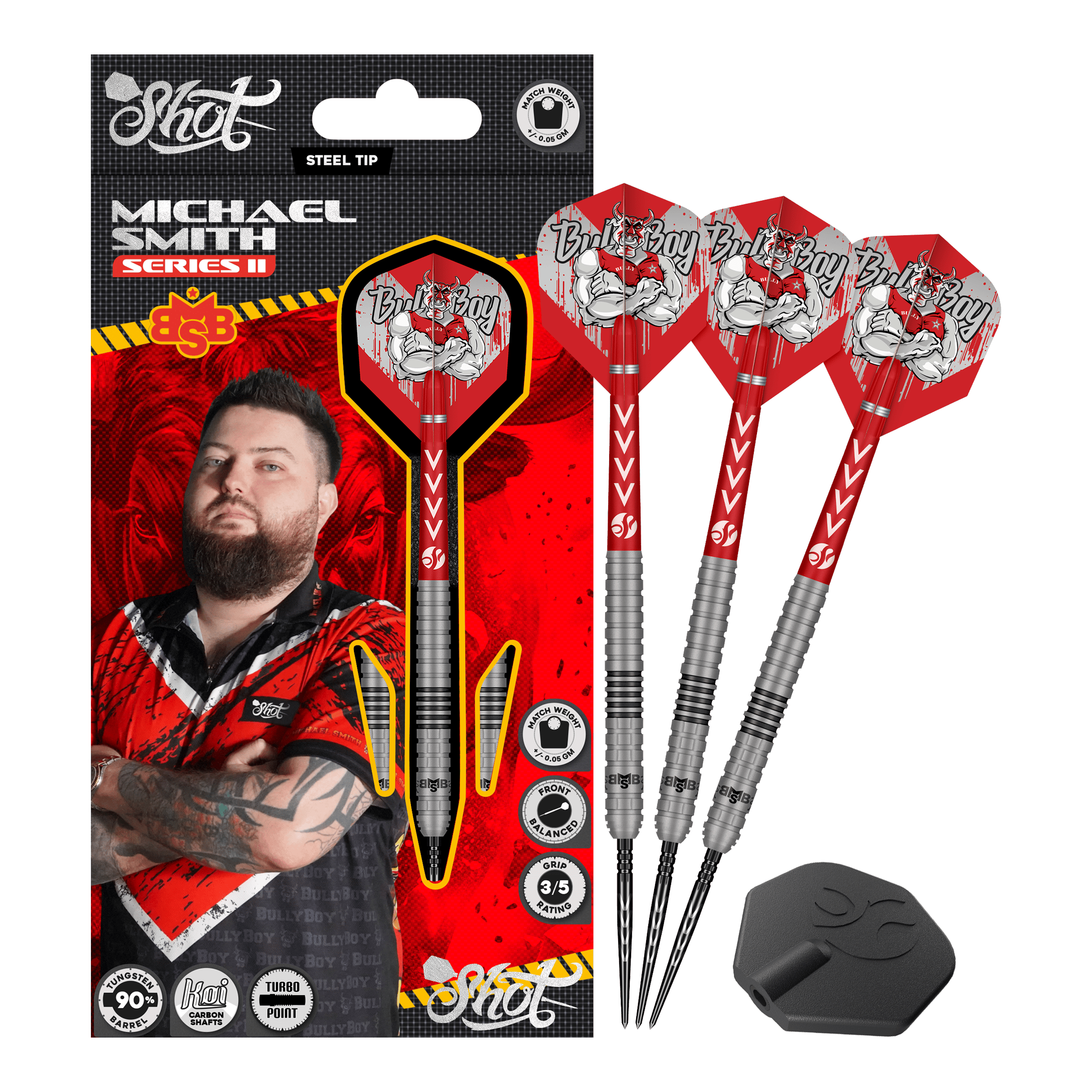 Freccette in acciaio Shot Michael Smith Serie 2 Turbo Point Das Bild zeigt die Shot Michael Smith Series 2 Turbo Point Steeldarts. Es sind hochwertige Steeldarts, die für den professionellen Gebrauch geeignet sind.