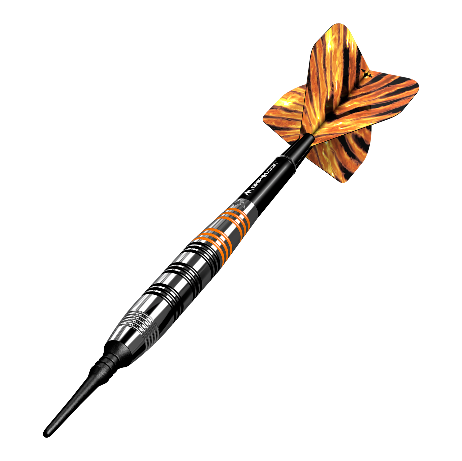 Freccette morbide Mission Javan Brass - 18 g Das Bild zeigt einen Softdart namens "Mission Javan Brass Softdarts - 18g". Der Dartpfeil hat ein gestreiftes Design in Schwarz, Silber und Orange mit einer auffälligen, gemusterten Flugfeder.
