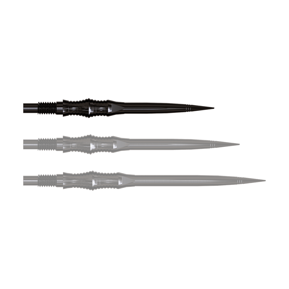 Apex Spire Black Elite Serie Dartspitzen in 30mm sind abgebildet. Die Spitzen sind schmal und schwarz.