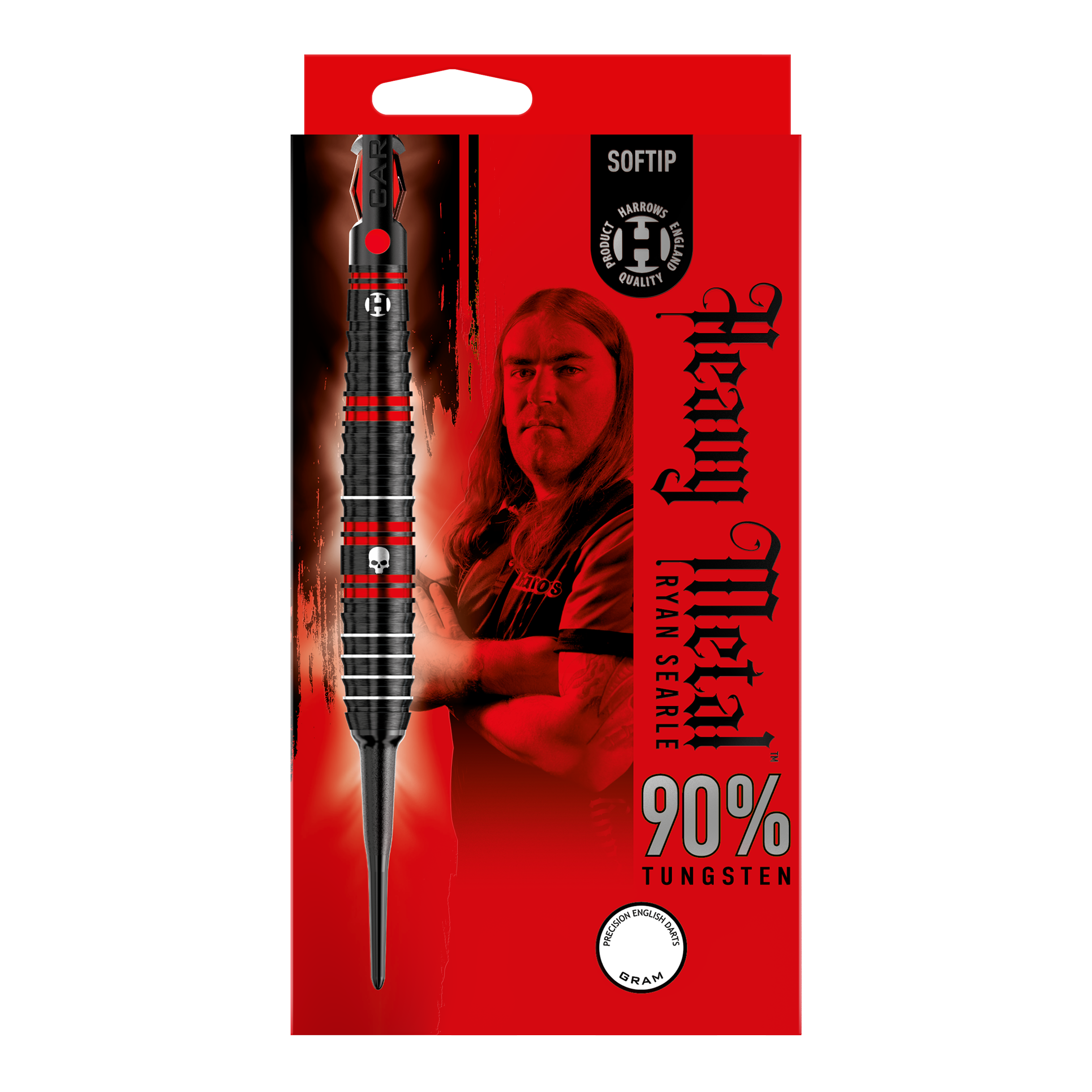 Freccette morbide Heavy Metal di Ryan Searle di Harrow Die Verpackung zeigt die Harrows Ryan Searle Heavy Metal Softdarts mit einem Bild von Ryan Searle. Das Design hebt 90% Tungsten und ein auffälliges rot-schwarzes Farbschema hervor.