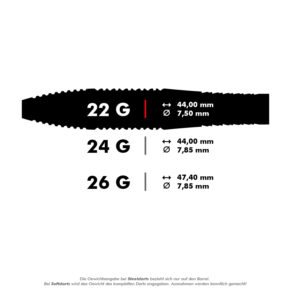 Freccette in acciaio Target Bolide Void 05 Swiss Point Dieses Bild zeigt die technischen Spezifikationen von drei verschiedenen Steeldarts mit 22 g, 24 g und 26 g Gewicht. Die Maße wie Länge und Durchmesser der Barrel werden jeweils angegeben.
