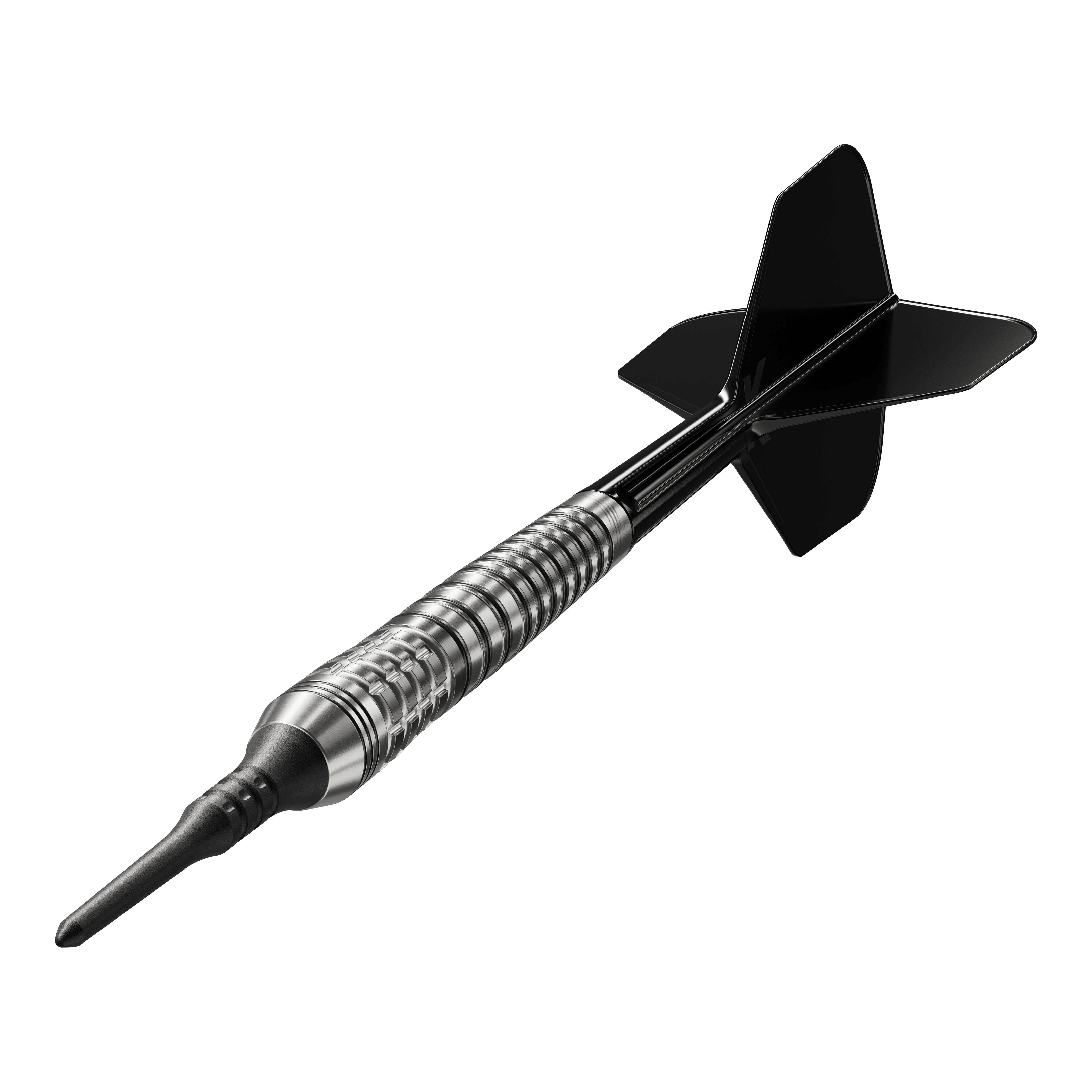 Target Japan Black Marque Renegade 4 Softdarts - 19 g Das Bild zeigt einen Softdartpfeil mit schwarzer Spitze und schwarzen Flights. Es handelt sich um das Modell "Target Japan Black Marque Renegade 4 Softdarts - 19g".