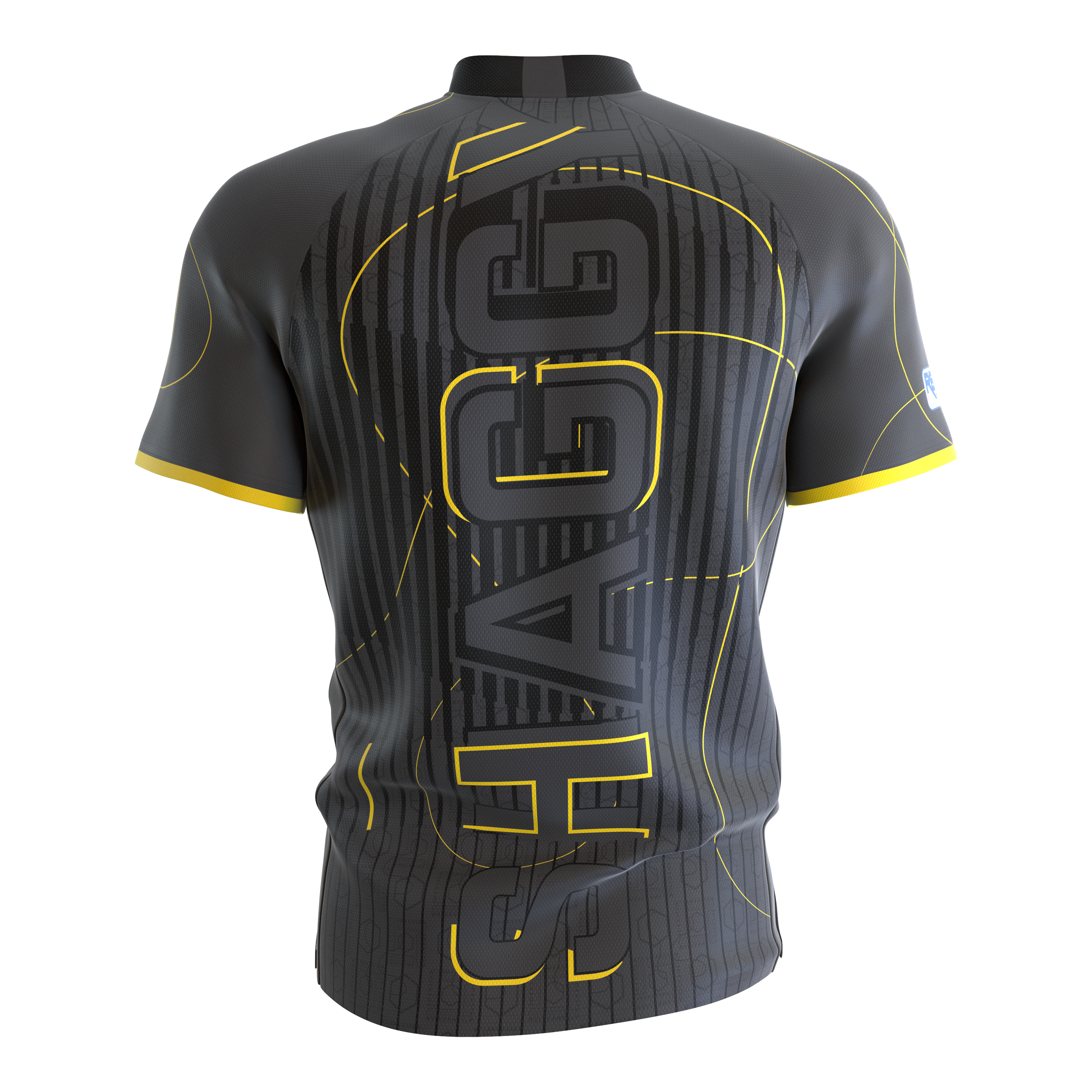 Maglietta Target Coolplay Collarless Scott Williams con freccette Das Bild zeigt das Target Coolplay Collarless Scott Williams Dartshirt von hinten. Das Shirt ist grau mit gelben Akzenten und dem großen Schriftzug "SHAGGY" auf dem Rücken.
