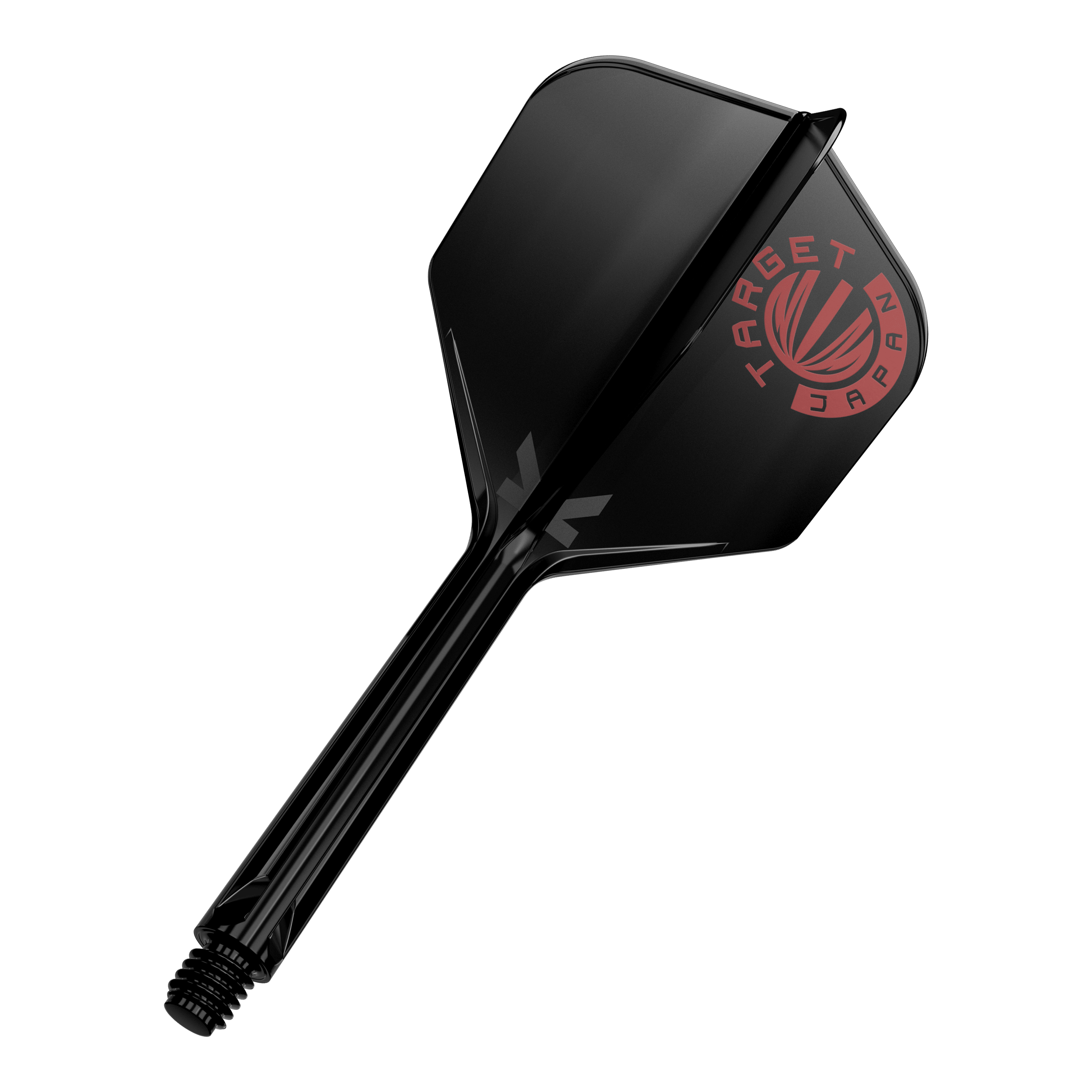 Target Japan K-Flex Logo originale Rosso Nero No6 Flight Shaft System Das Bild zeigt einen schwarzen Dartshaft mit einer schwarzen Dartflügelfeder. Auf der Feder ist ein rotes Logo mit der Aufschrift "TARGET JAPAN" zu sehen.